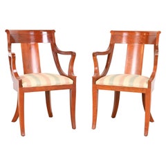 Baker Furniture Solid Cherry Wood Regency Arm Chairs, Pair