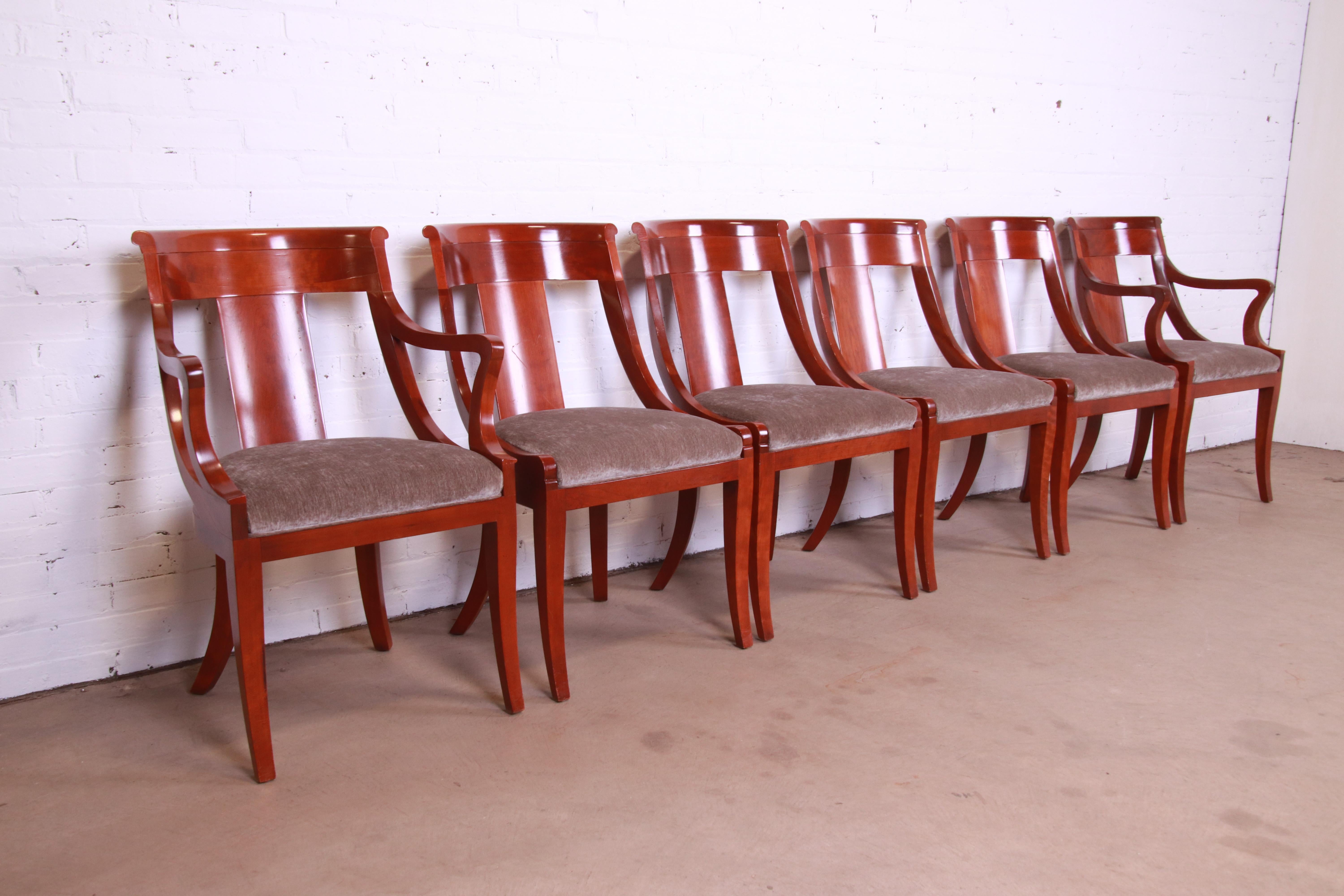 Velvet Baker Furniture Solid Cherry Wood Regency Dining Chairs, Set of Six For Sale