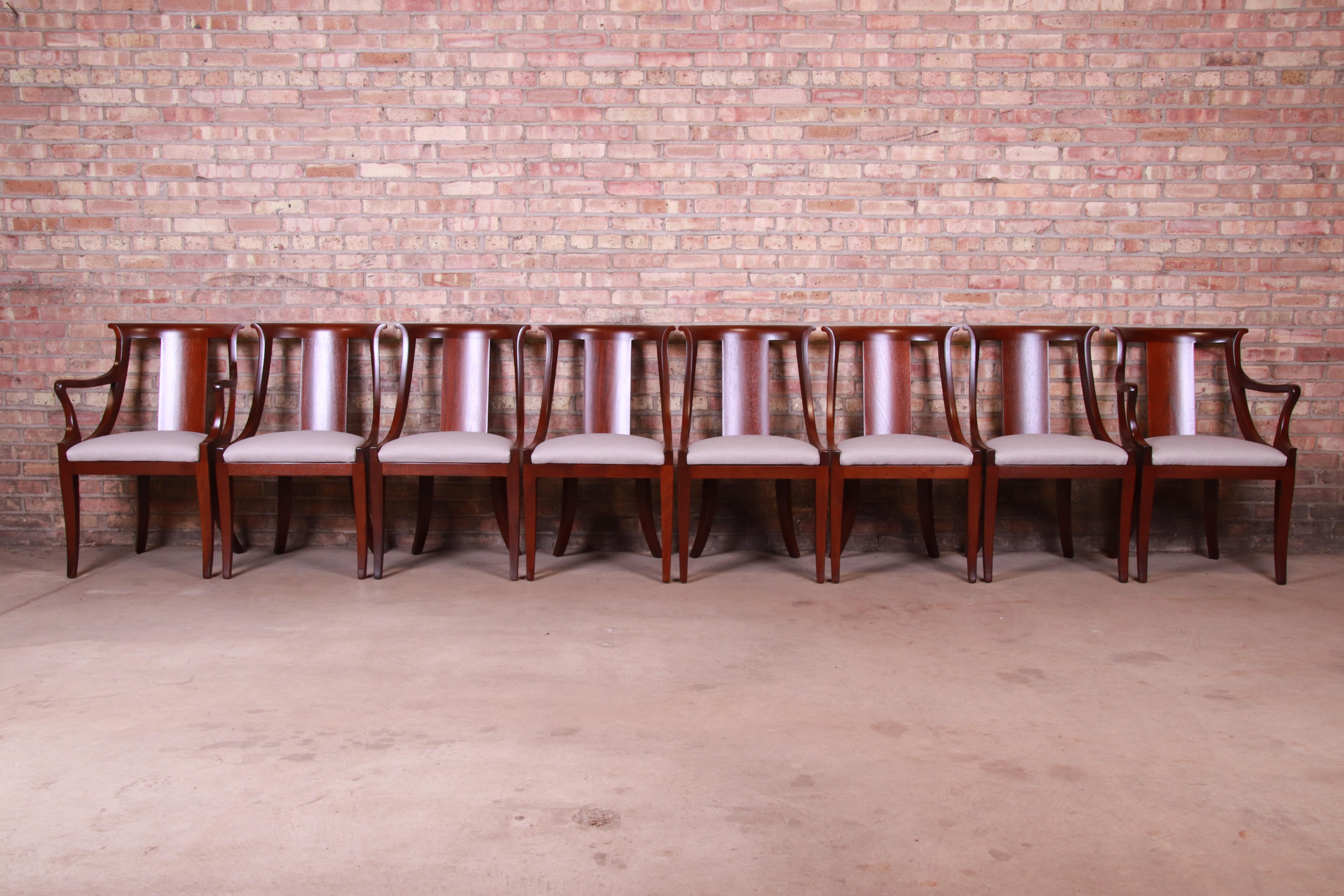 An outstanding set of eight Regency style dining chairs

By Baker Furniture

USA, 1950s

Solid mahogany frames, with upholstered seats.

Measures:
Side chairs - 20.5