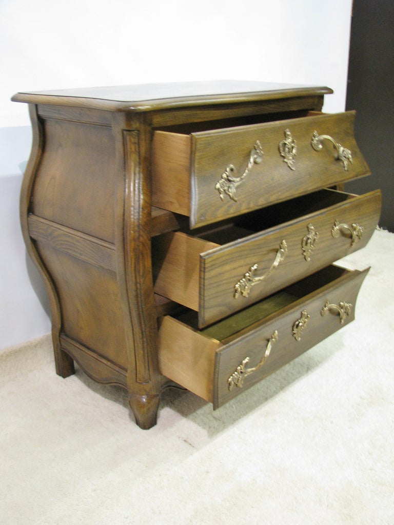 Baker Furniture Solid Oak ThreeDrawer Louis XV Style Bombe Chest For