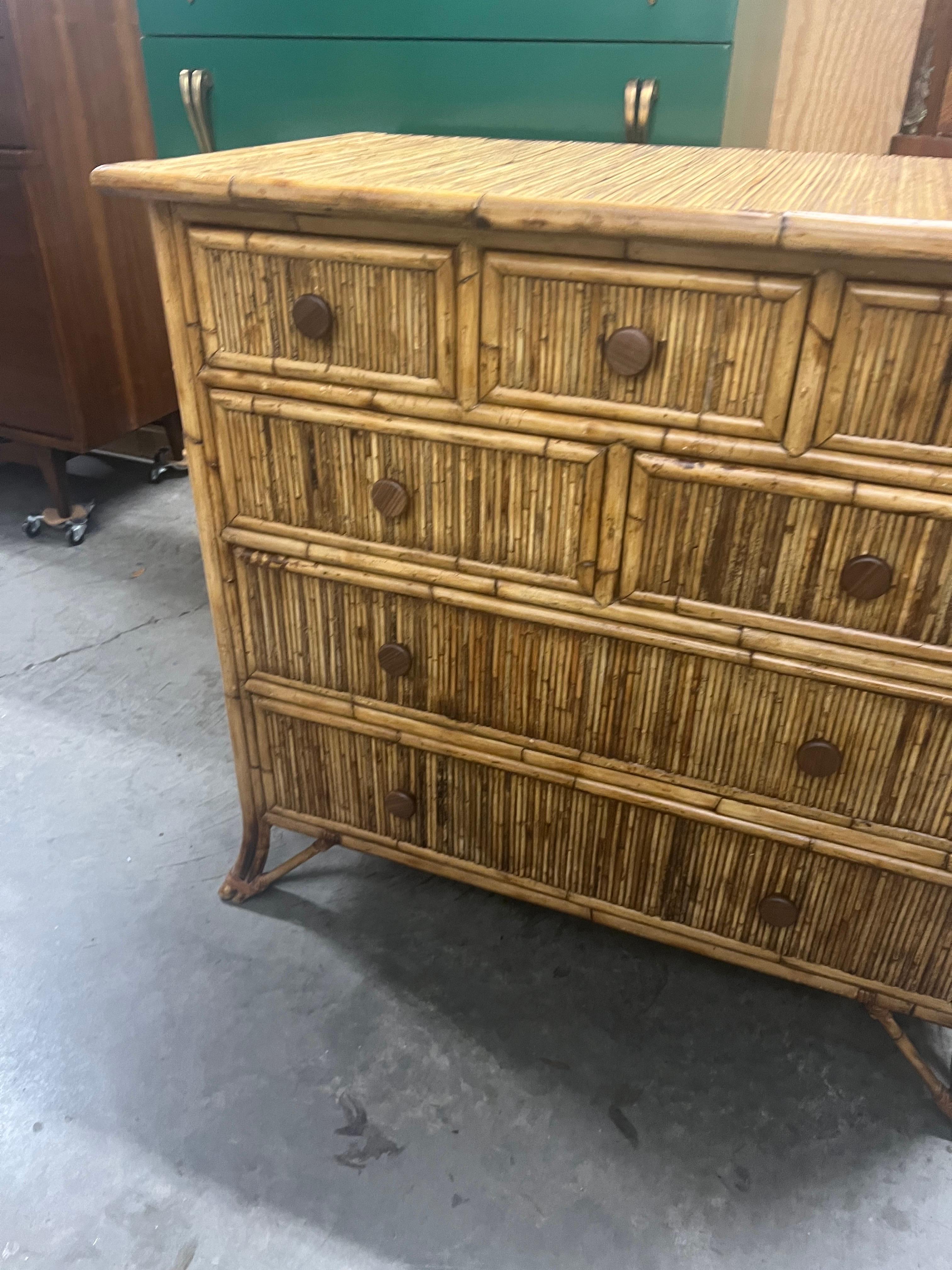 Late 20th Century Baker Furniture Split Reed Bamboo 7 Drawer Chest For Sale