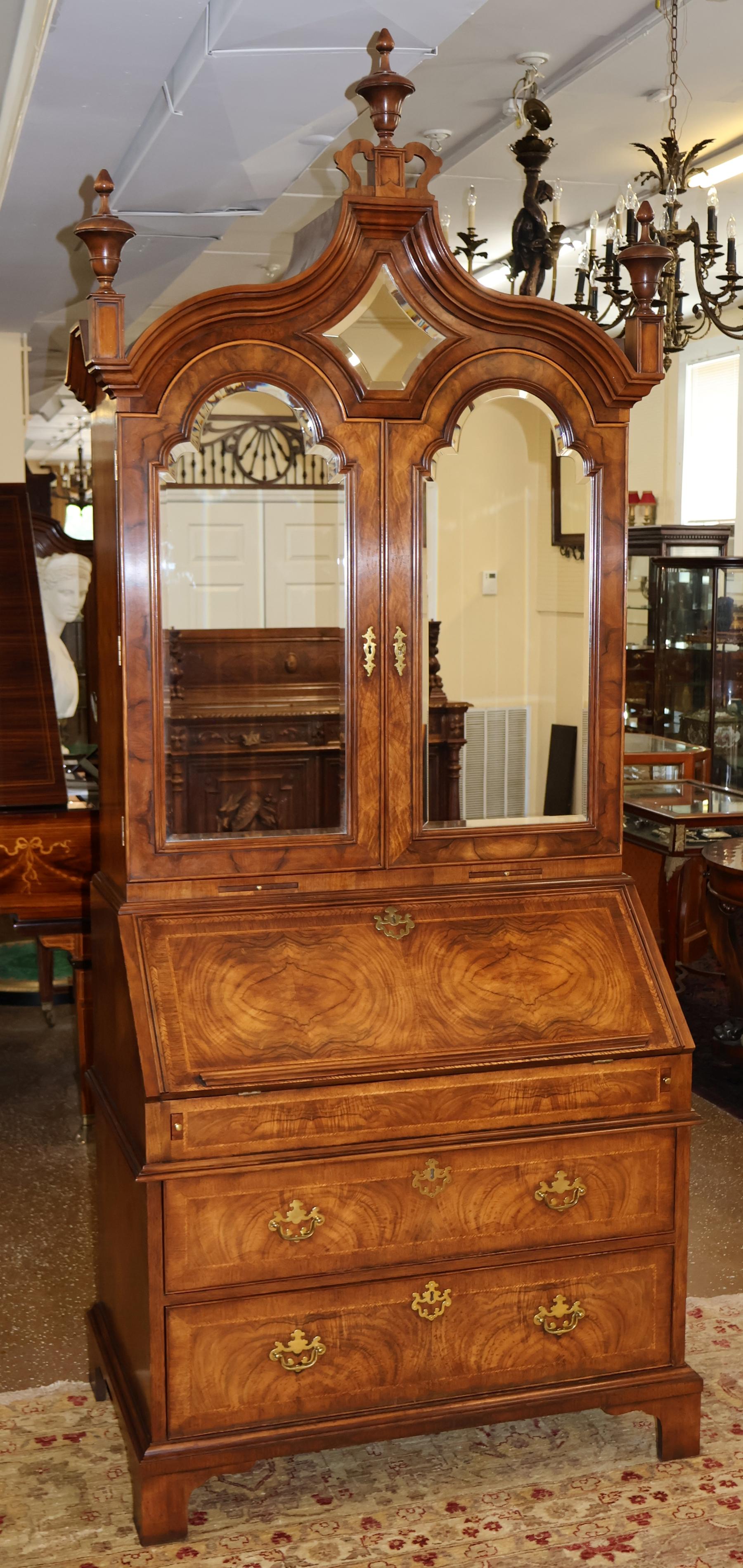 Contemporary Baker Furniture Stately Home Circassian Walnut George III Style Secretary Desk For Sale