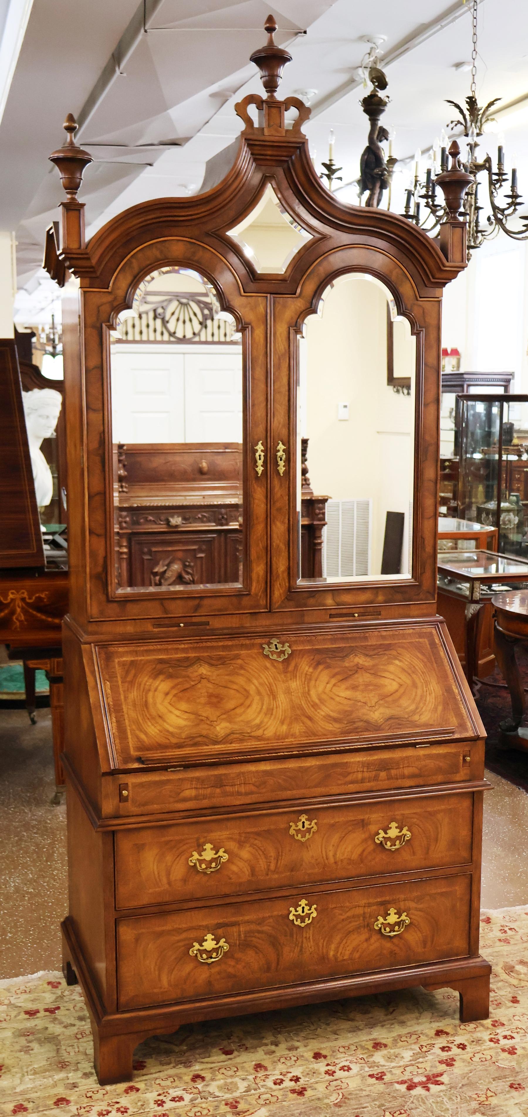 Baker Furniture Stately Home Circassian Walnut George III Style Secretary Desk For Sale 1