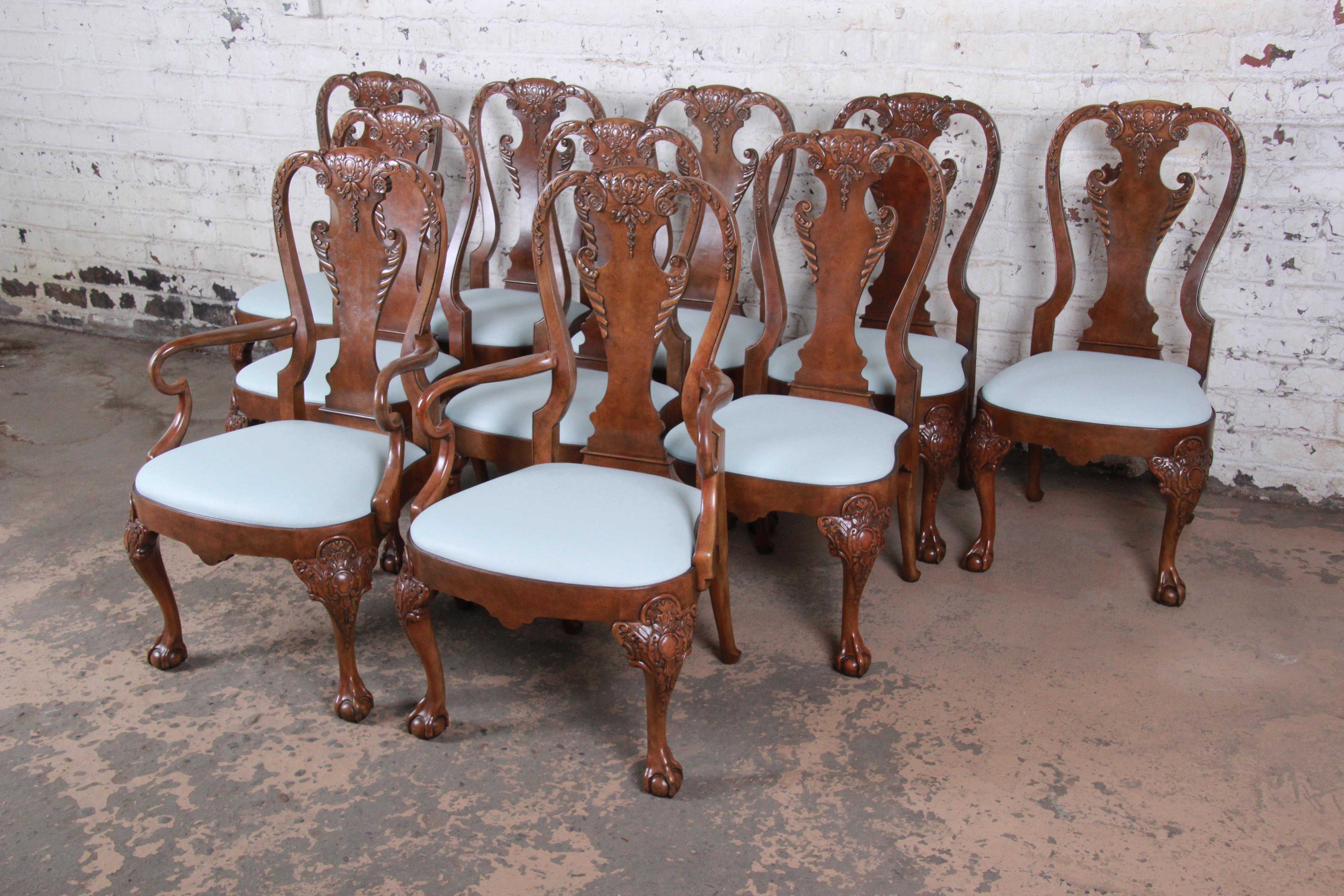 American Baker Furniture Stately Homes Chippendale Burled Walnut Dining Chairs, Set of 10