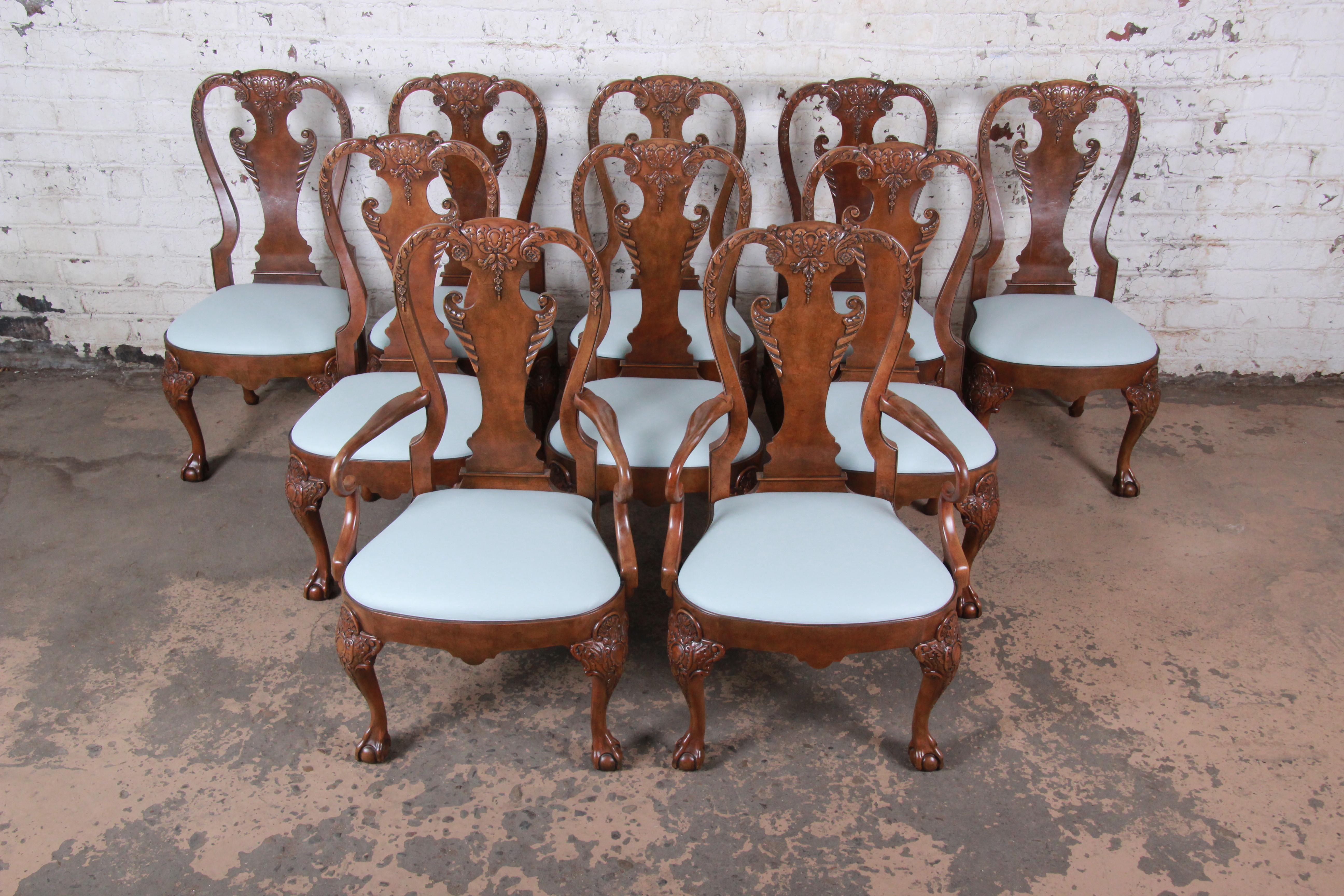 Baker Furniture Stately Homes Chippendale Burled Walnut Dining Chairs, Set of 10 In Good Condition In South Bend, IN