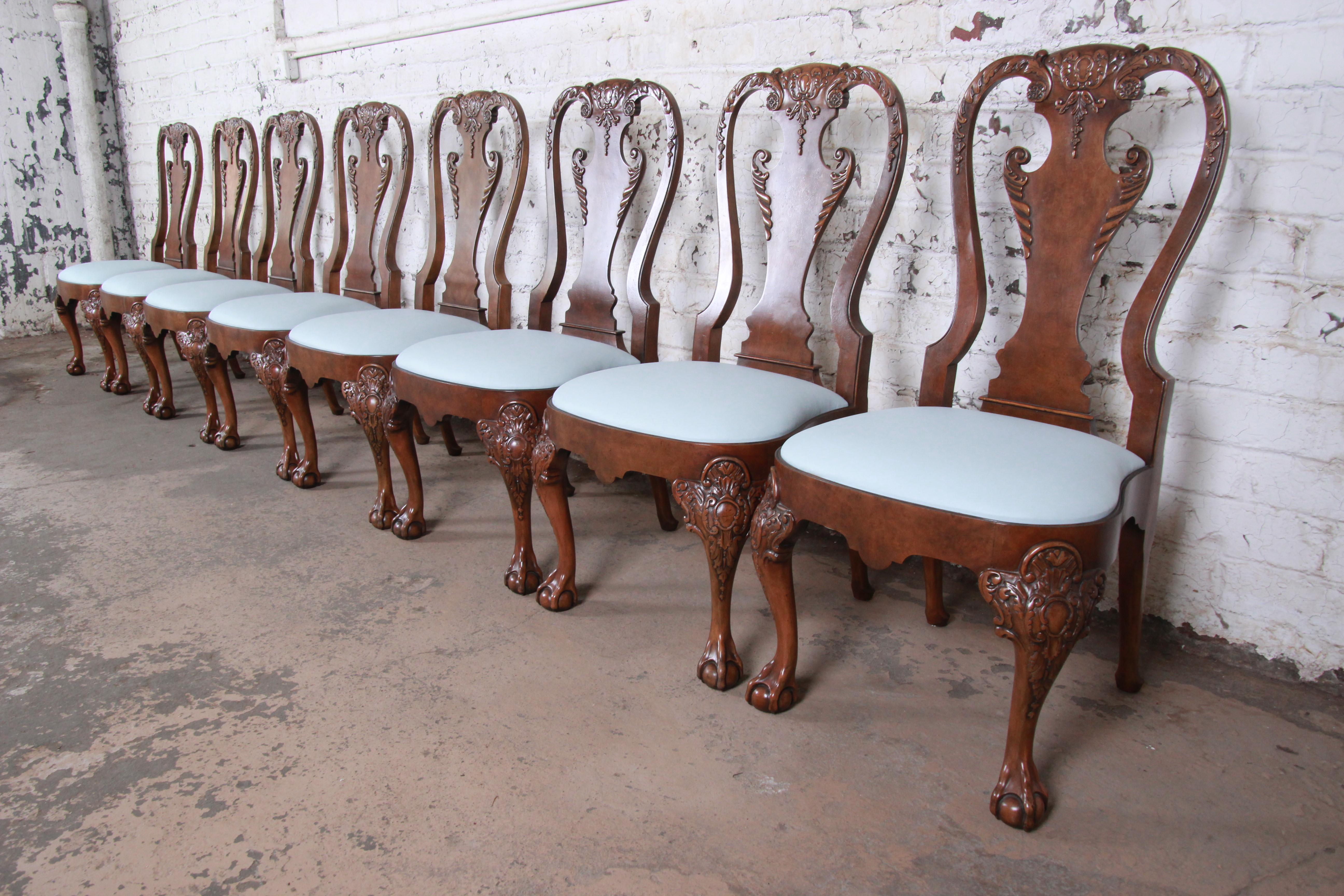 Late 20th Century Baker Furniture Stately Homes Chippendale Burled Walnut Dining Chairs, Set of 10