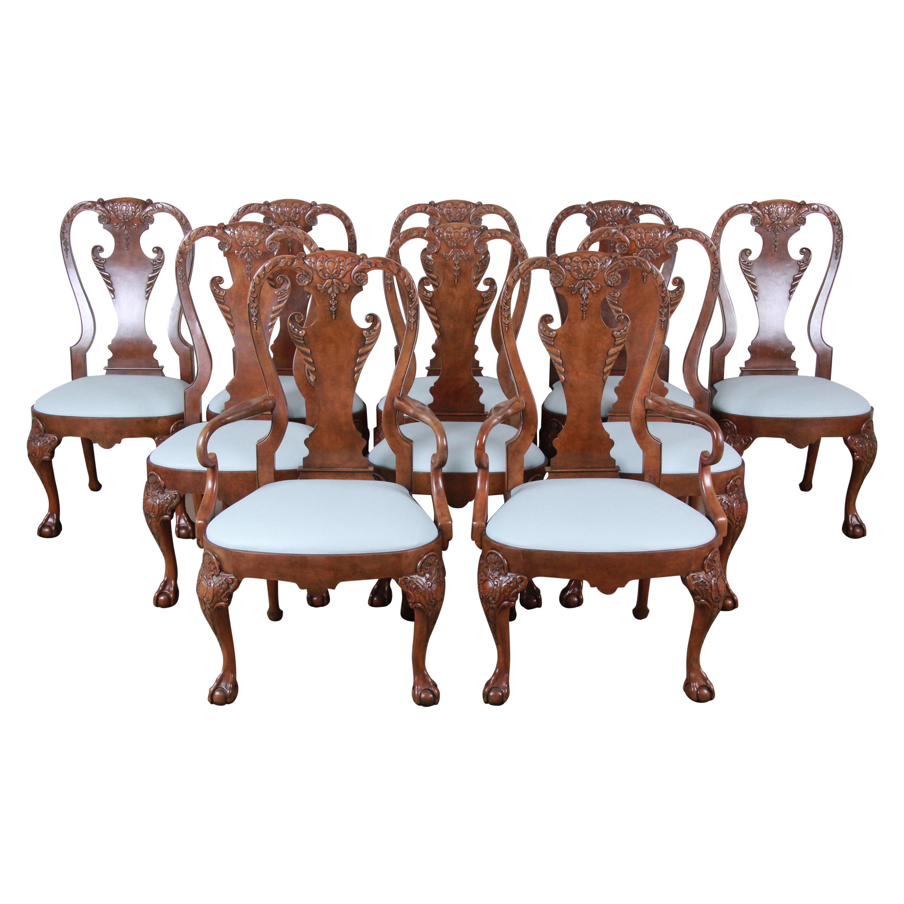 Baker Furniture Stately Homes Chippendale Burled Walnut Dining Chairs, Set of 10
