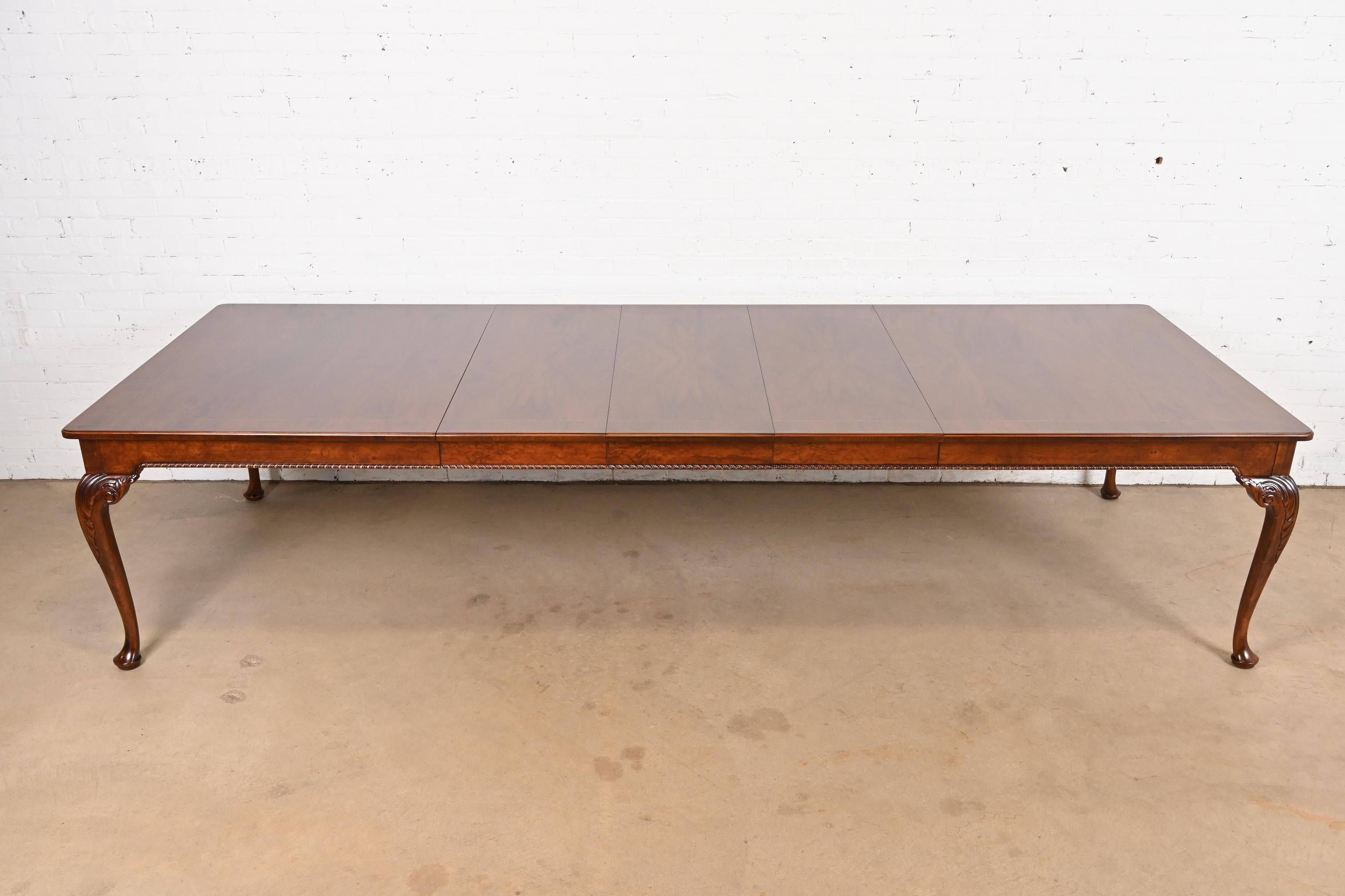 French Provincial Baker Furniture Stately Homes Chippendale Burled Walnut Extension Dining Table For Sale