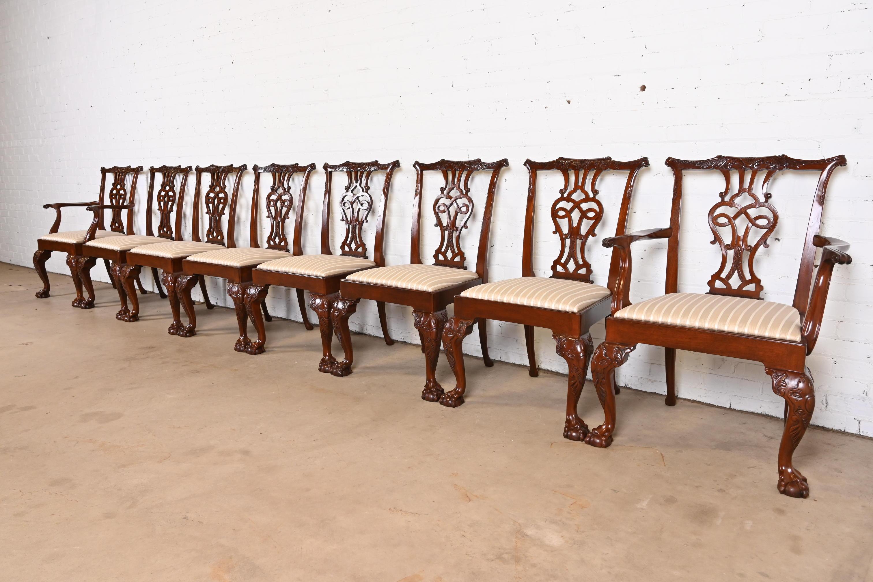A rare and exceptional set of eight fine Chippendale carved mahogany dining chairs from the exclusive Stately Homes Collection by Baker Furniture.

The set includes two open armchairs and six side chairs. The chairs feature shaped back supports with