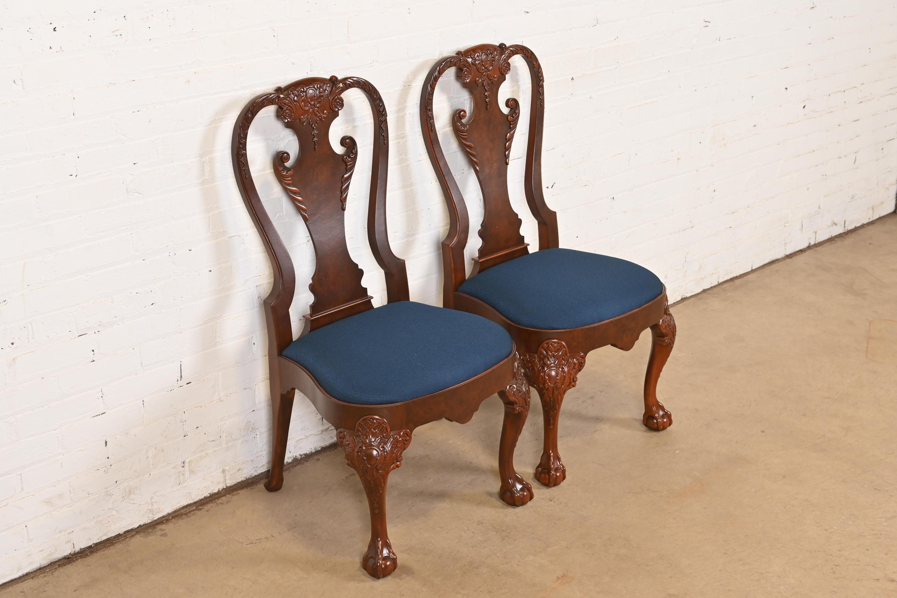 Late 20th Century Baker Furniture Stately Homes Chippendale Carved Walnut Chairs, Refinished For Sale