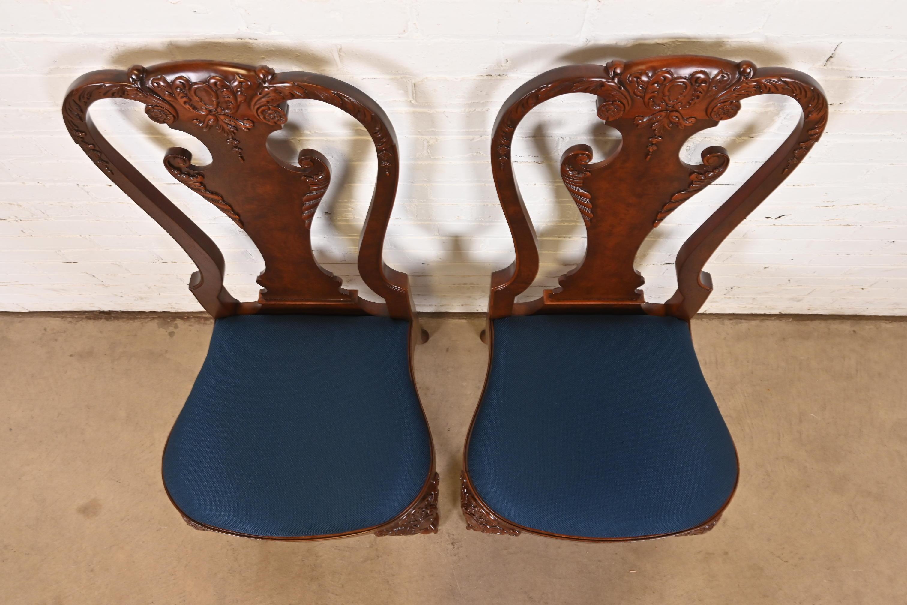 Upholstery Baker Furniture Stately Homes Chippendale Carved Walnut Chairs, Refinished For Sale