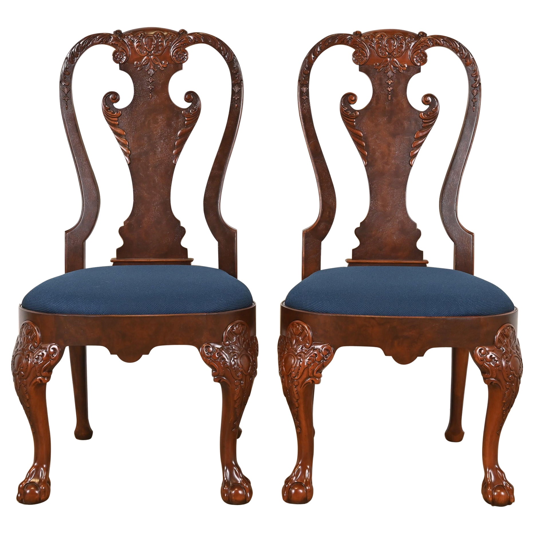 Baker Furniture Stately Homes Chippendale Carved Walnut Chairs, Refinished