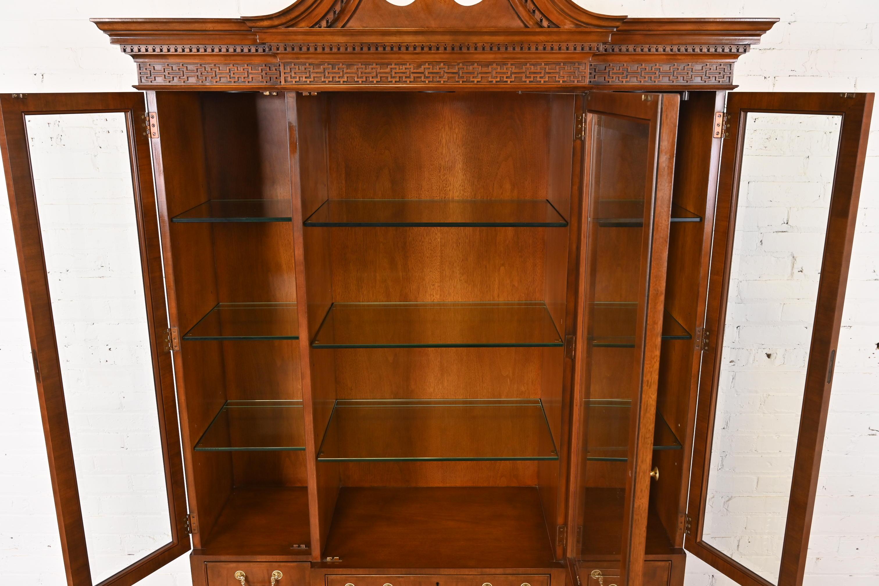 Brass Baker Furniture Stately Homes Chippendale Walnut Breakfront Cabinet or Bookcase For Sale