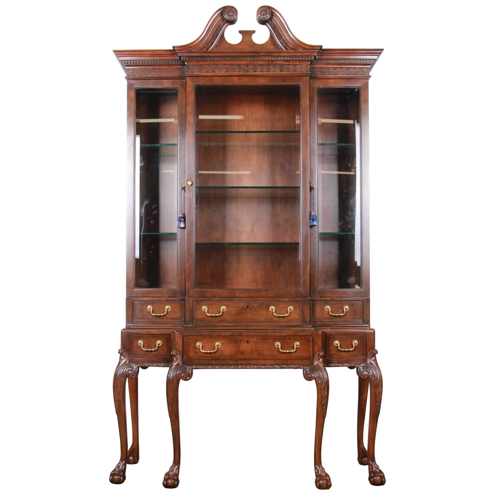 Baker Furniture Stately Homes Chippendale Walnut Breakfront Cabinet or Bookcase