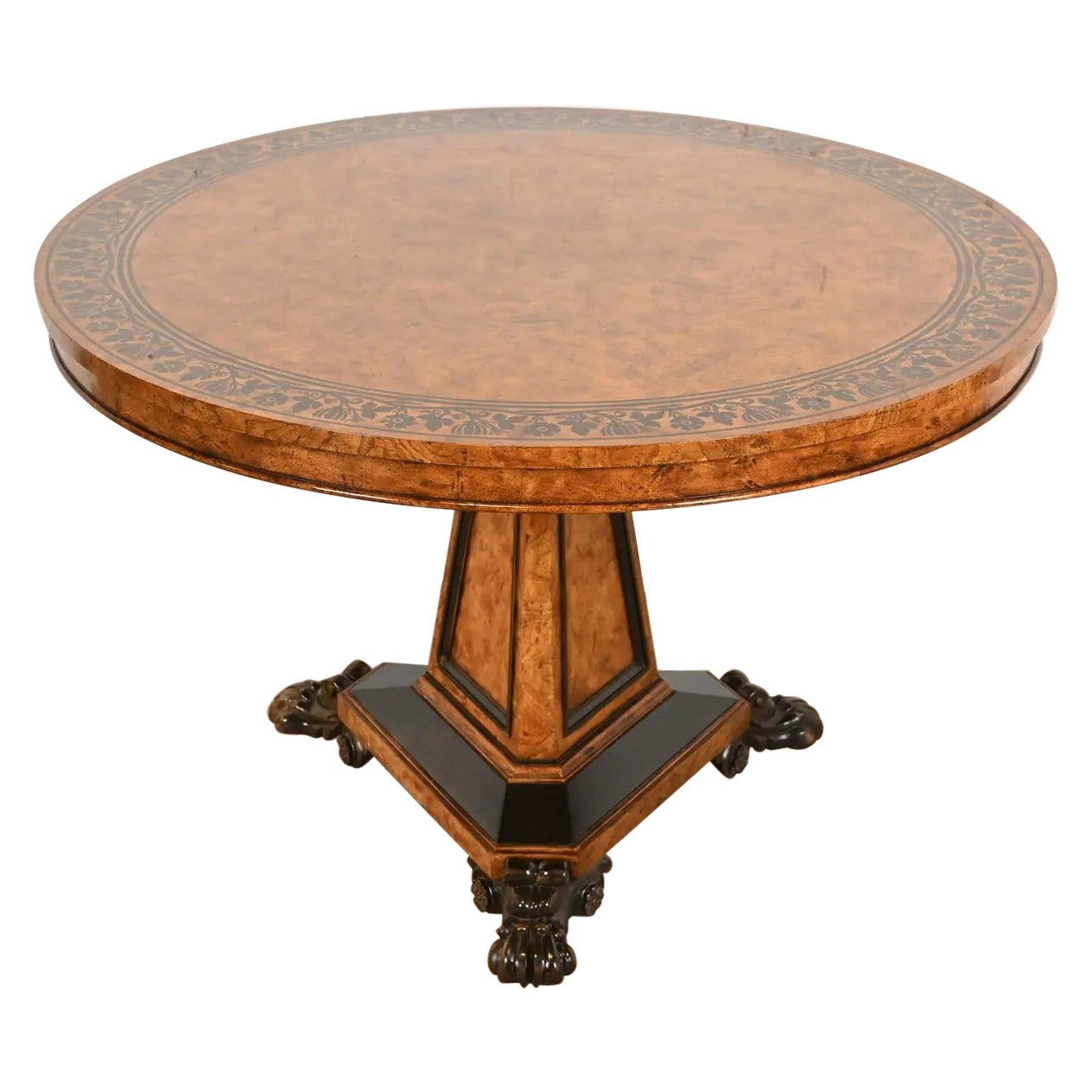 Baker Furniture Colección Stately Homes Mesa de regencia de madera burl y ebonizada en venta