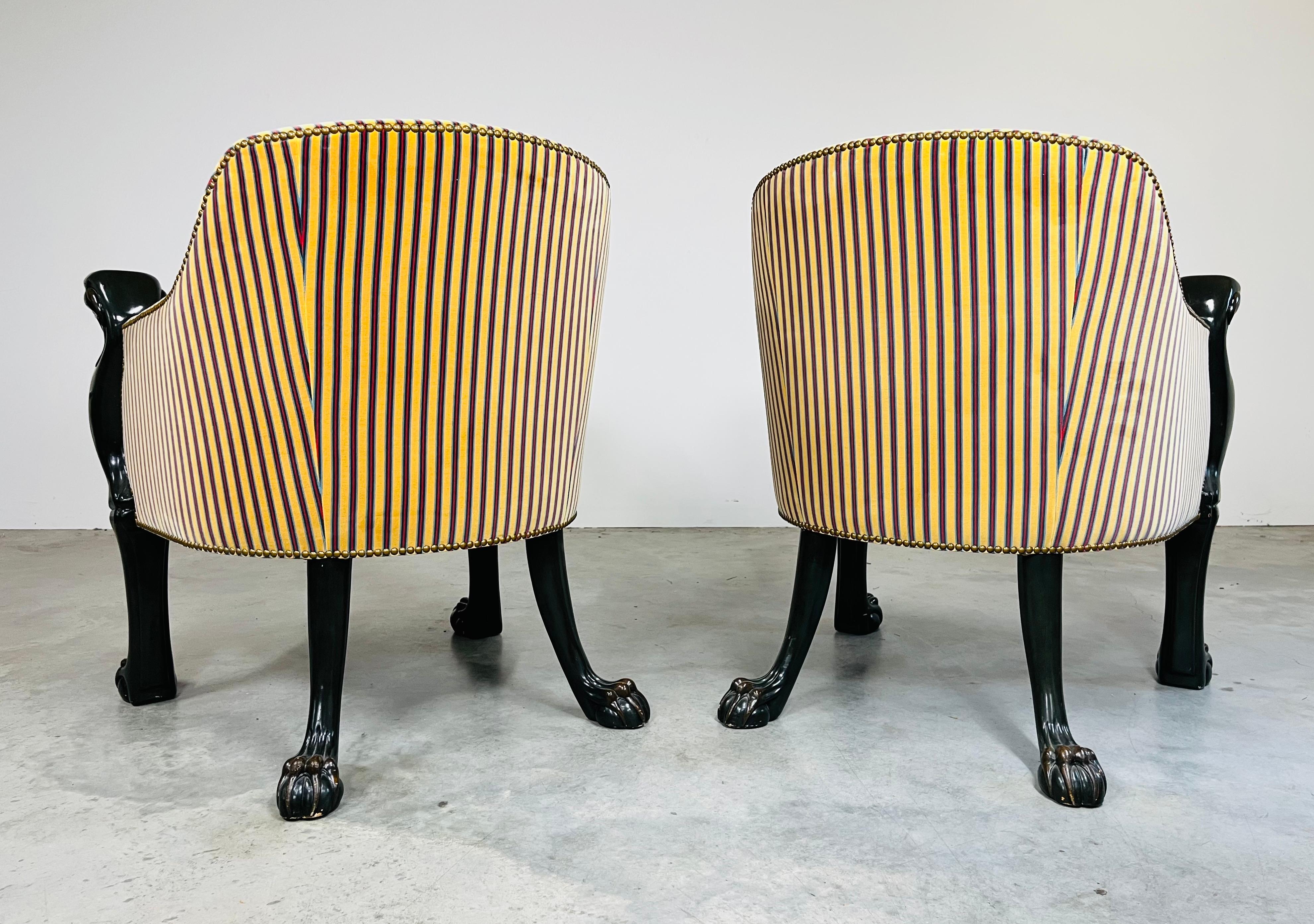 Hand-Carved Baker Furniture Stately Homes Collection Egyptian Regency Tub Chairs, Pair For Sale