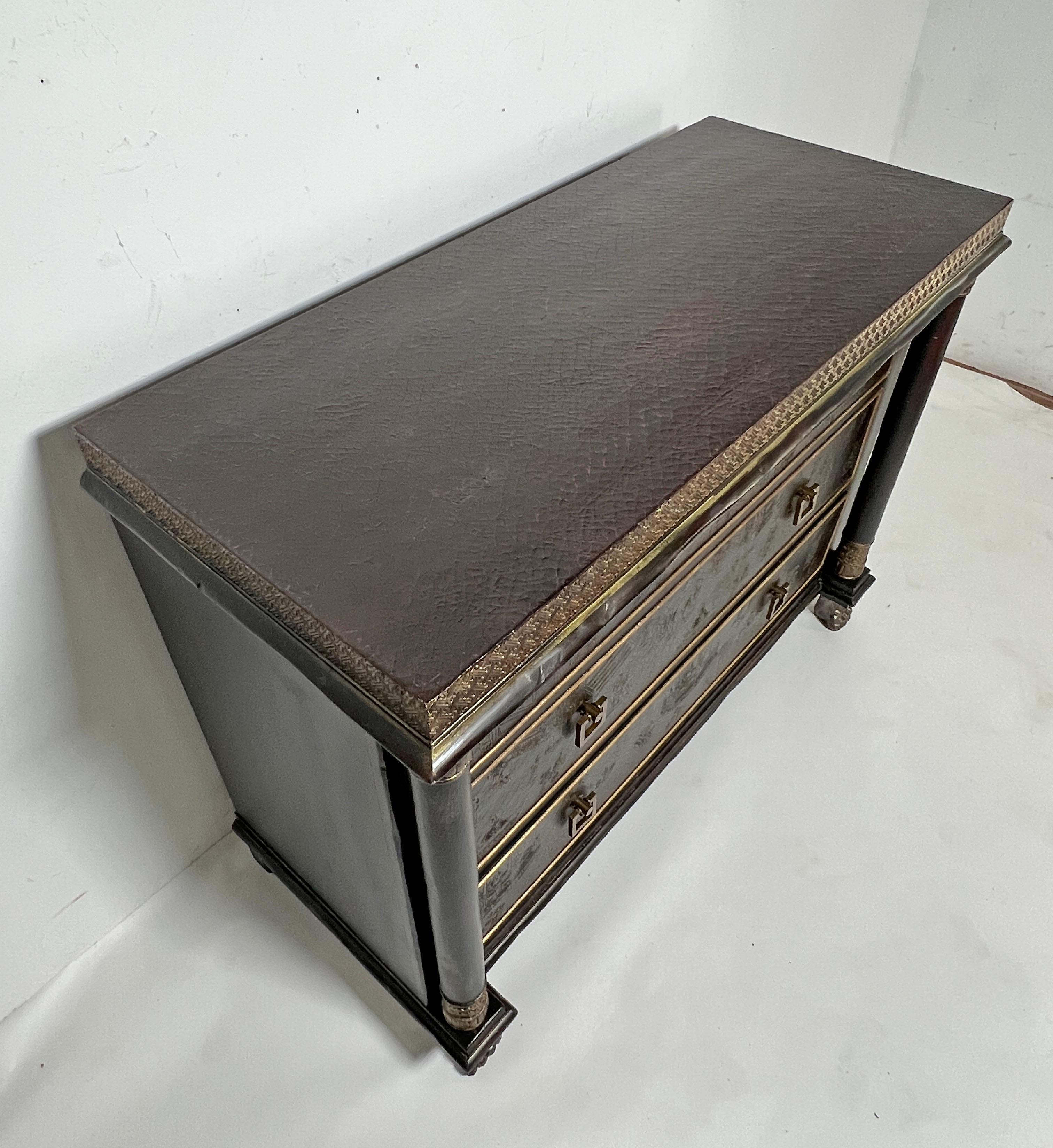 George III style Chinoiserie chest of drawers by Baker Furniture for their Stately Homes Collection. This chest, from Baker’s original 1981 line of limited and exacting reproductions, is modeled after an 18th century example from the estate of the