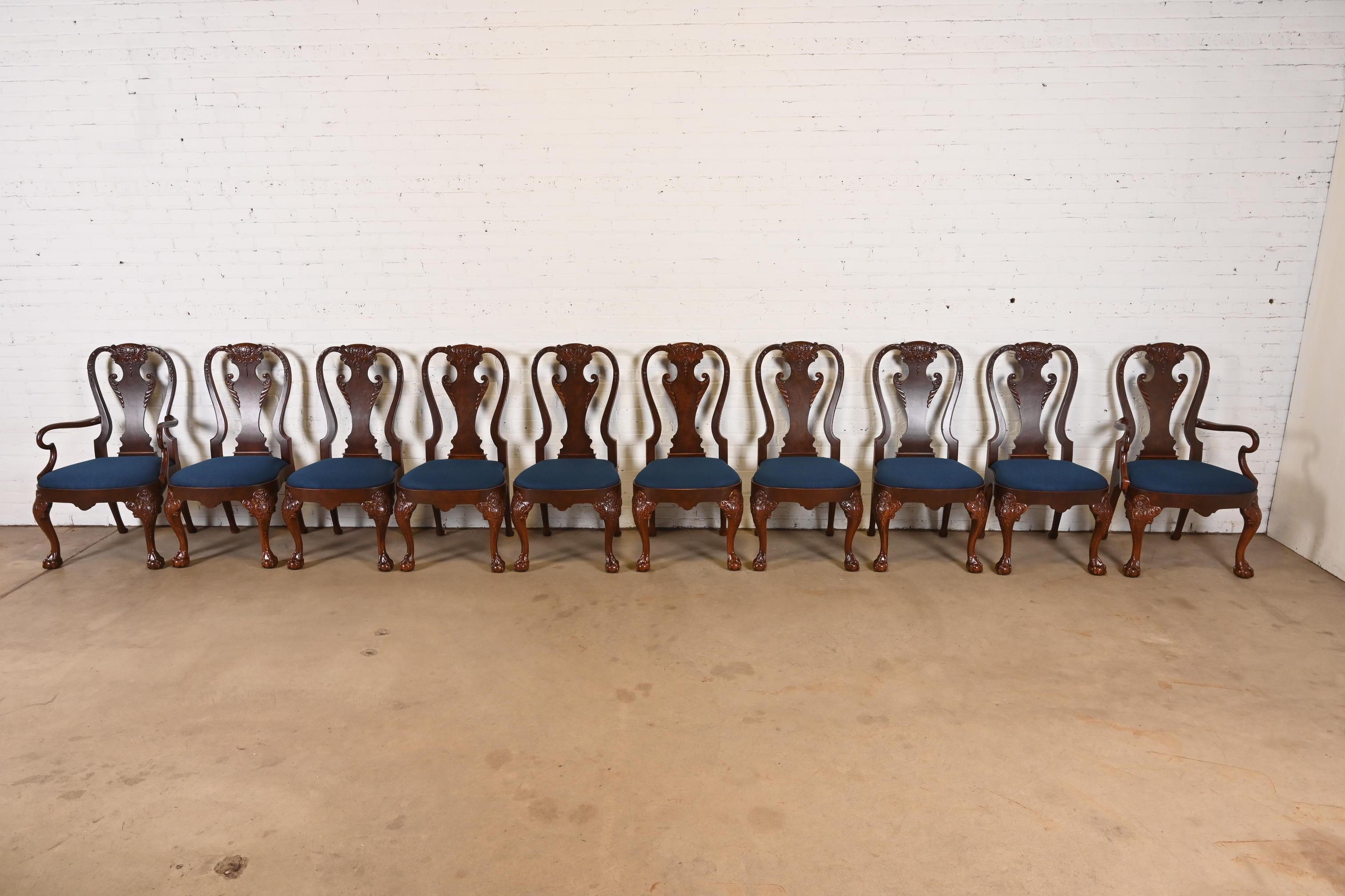 Late 20th Century Baker Furniture Stately Homes Georgian Carved Walnut Dining Chairs, Refinished For Sale