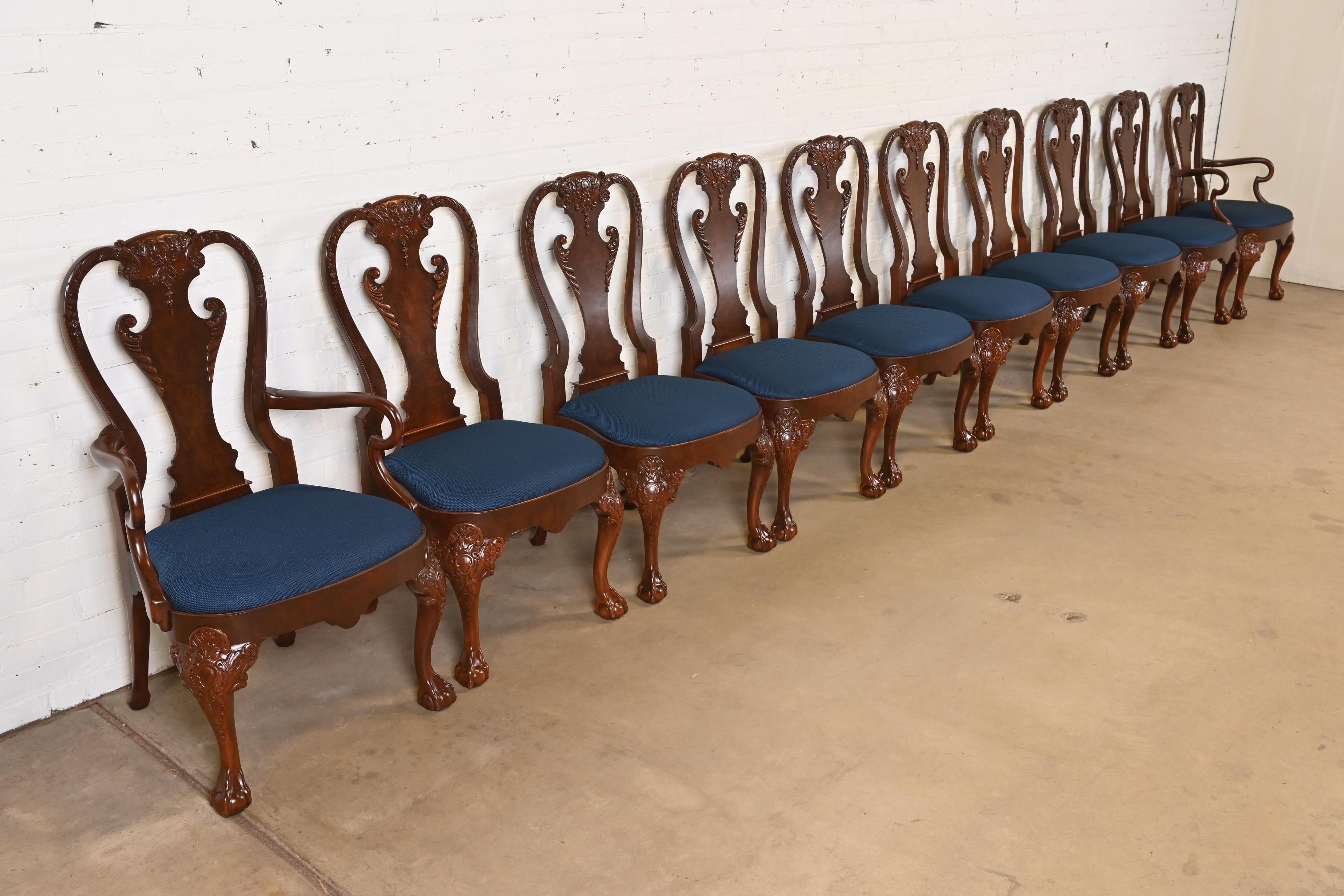 Upholstery Baker Furniture Stately Homes Georgian Carved Walnut Dining Chairs, Refinished For Sale