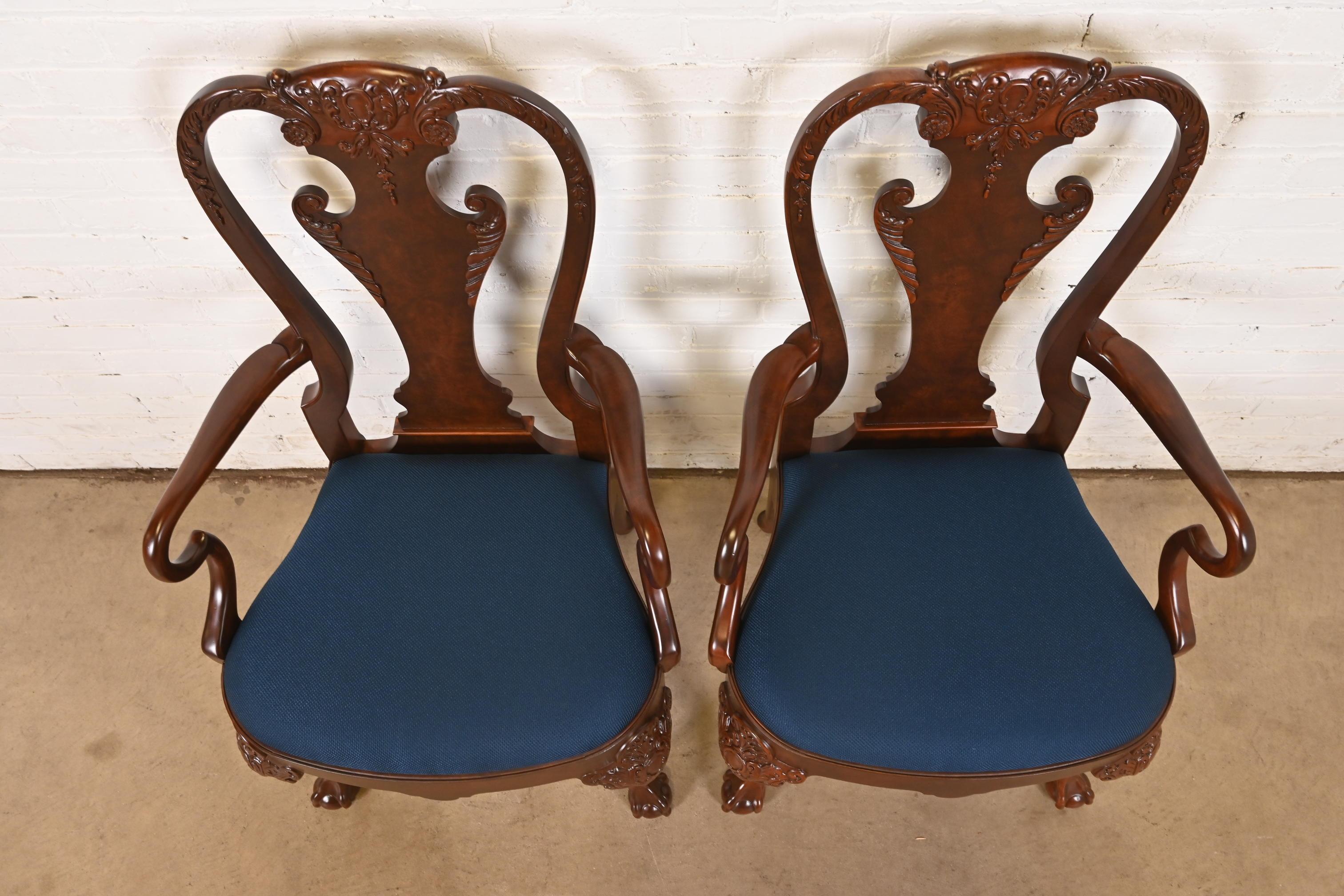 Late 20th Century Baker Furniture Stately Homes Gerogian Carved Burled Walnut Dining Chairs For Sale