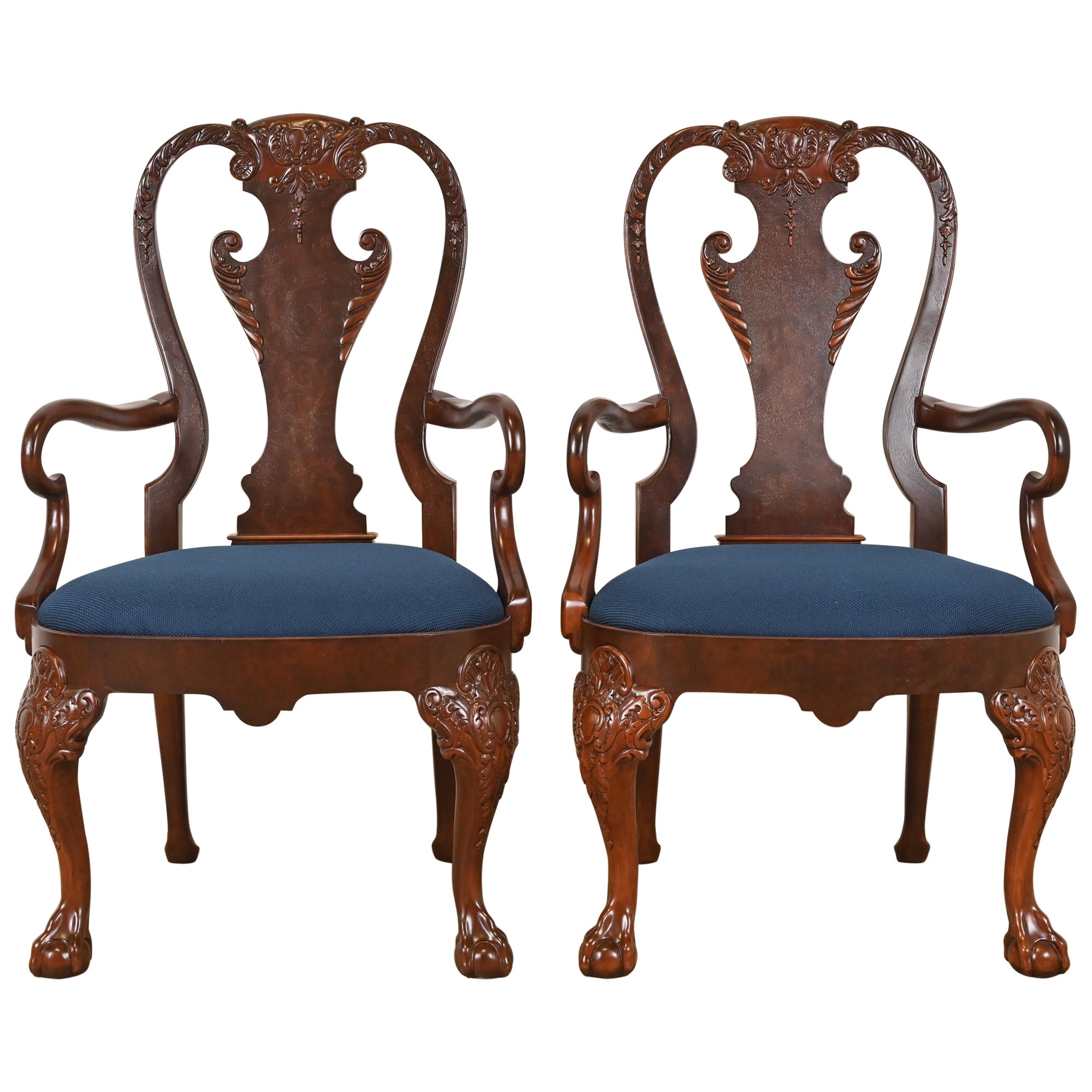 Baker Furniture Stately Homes Gerogian Carved Burled Walnut Dining Chairs