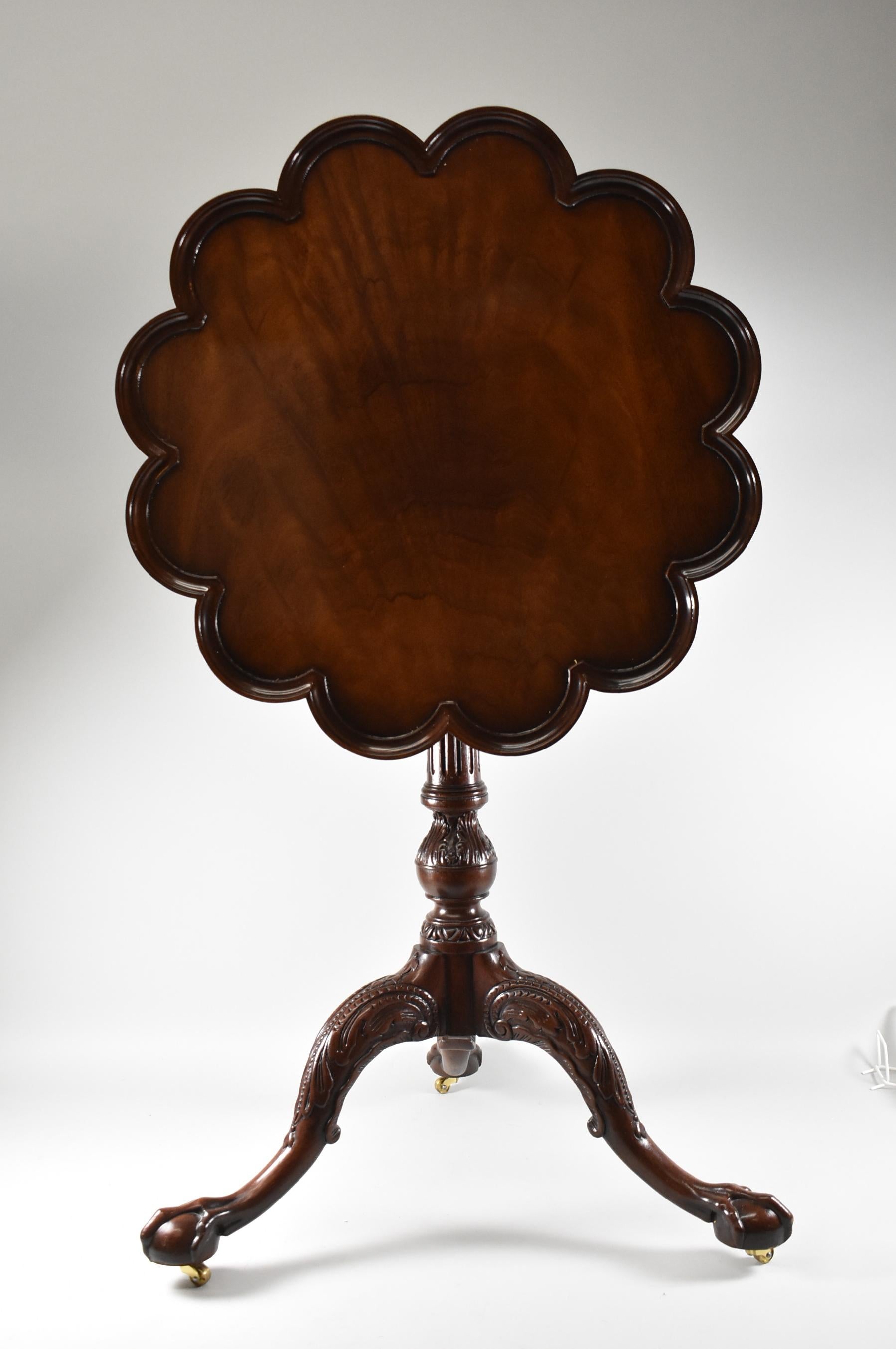 Mahogany Chippendale pie crust tilt top table by Baker Furniture from the Stately Homes of England and Scotland collection. Beautifully carved pedestal and legs with ball and bird claw feet on casters. 23
