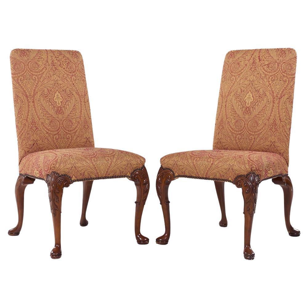 Baker Furniture Stately Homes Queen Anne Walnut Upholstery Dining Chairs - Pair