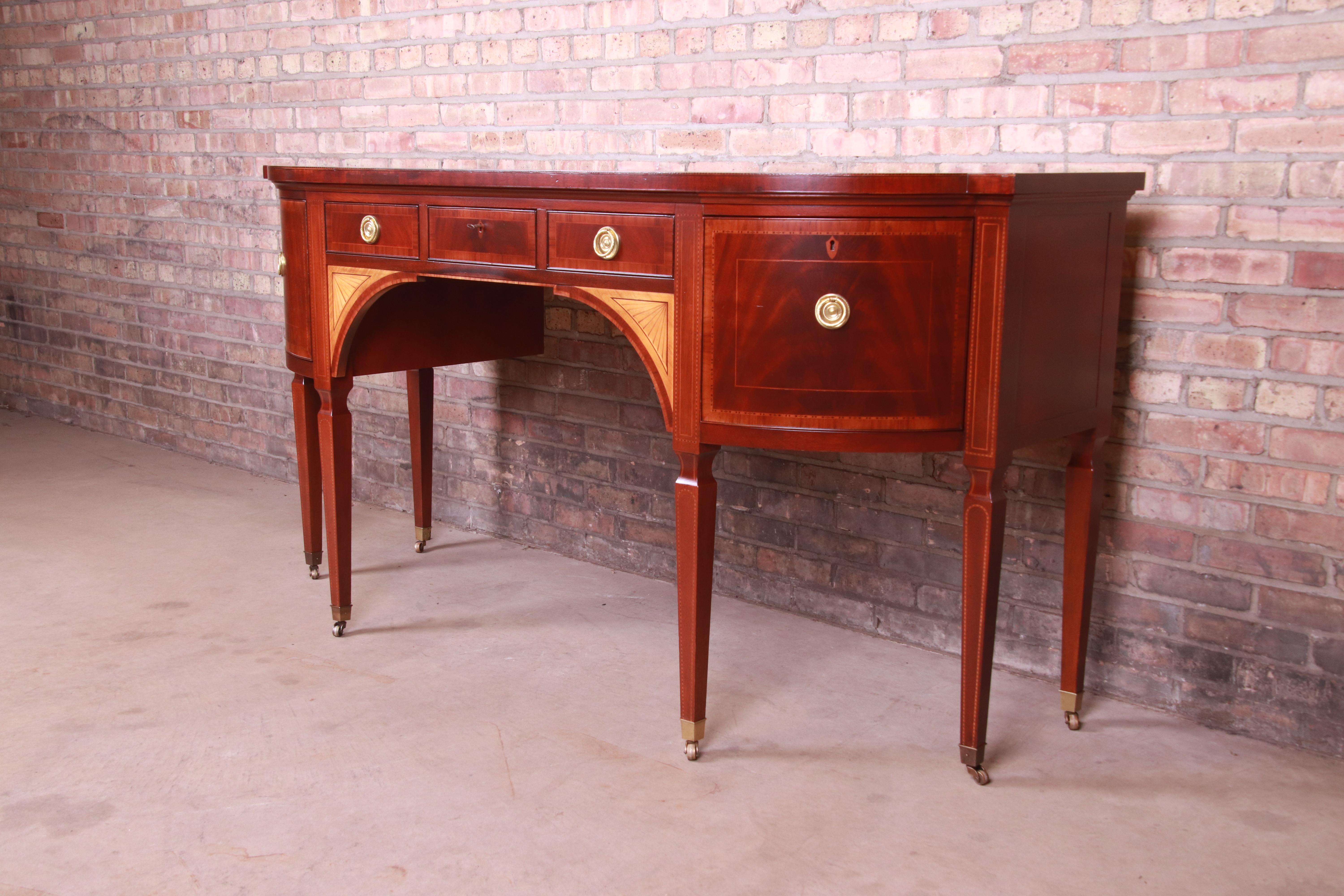 Baker Furniture Stately Homes Sheraton Bow Front Inlaid Mahogany Sideboard In Good Condition For Sale In South Bend, IN