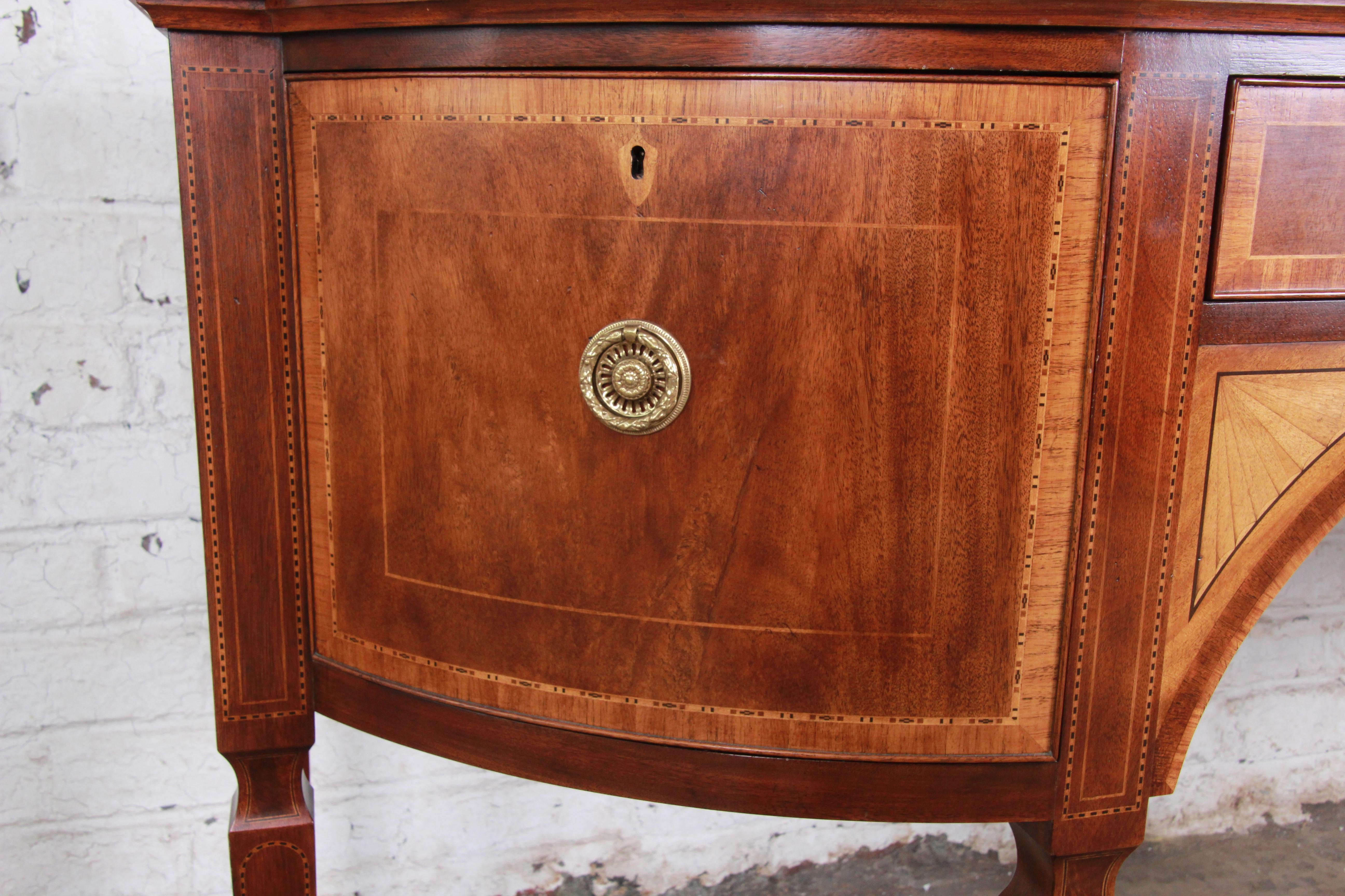 Late 20th Century Baker Furniture Stately Homes Sheraton Bow Front Inlaid Mahogany Sideboard