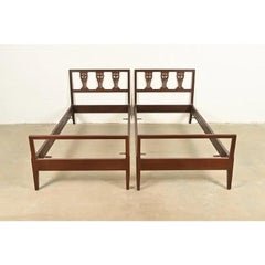 Baker Furniture Style Antique Italian Neoclassical Walnut Twin Size Beds, Pair