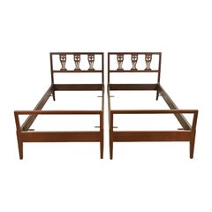Baker Furniture Style Antique Italian Neoclassical Walnut Twin Size Beds, Pair