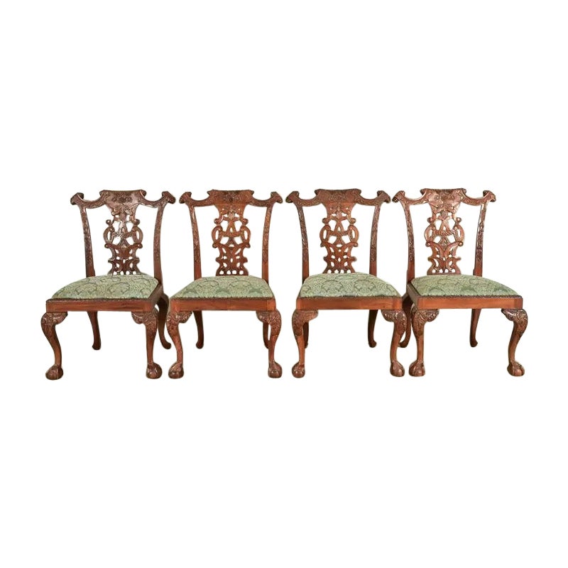 Baker Furniture Style Chippendale Carved Mahogany Dining Chairs, Set of Four