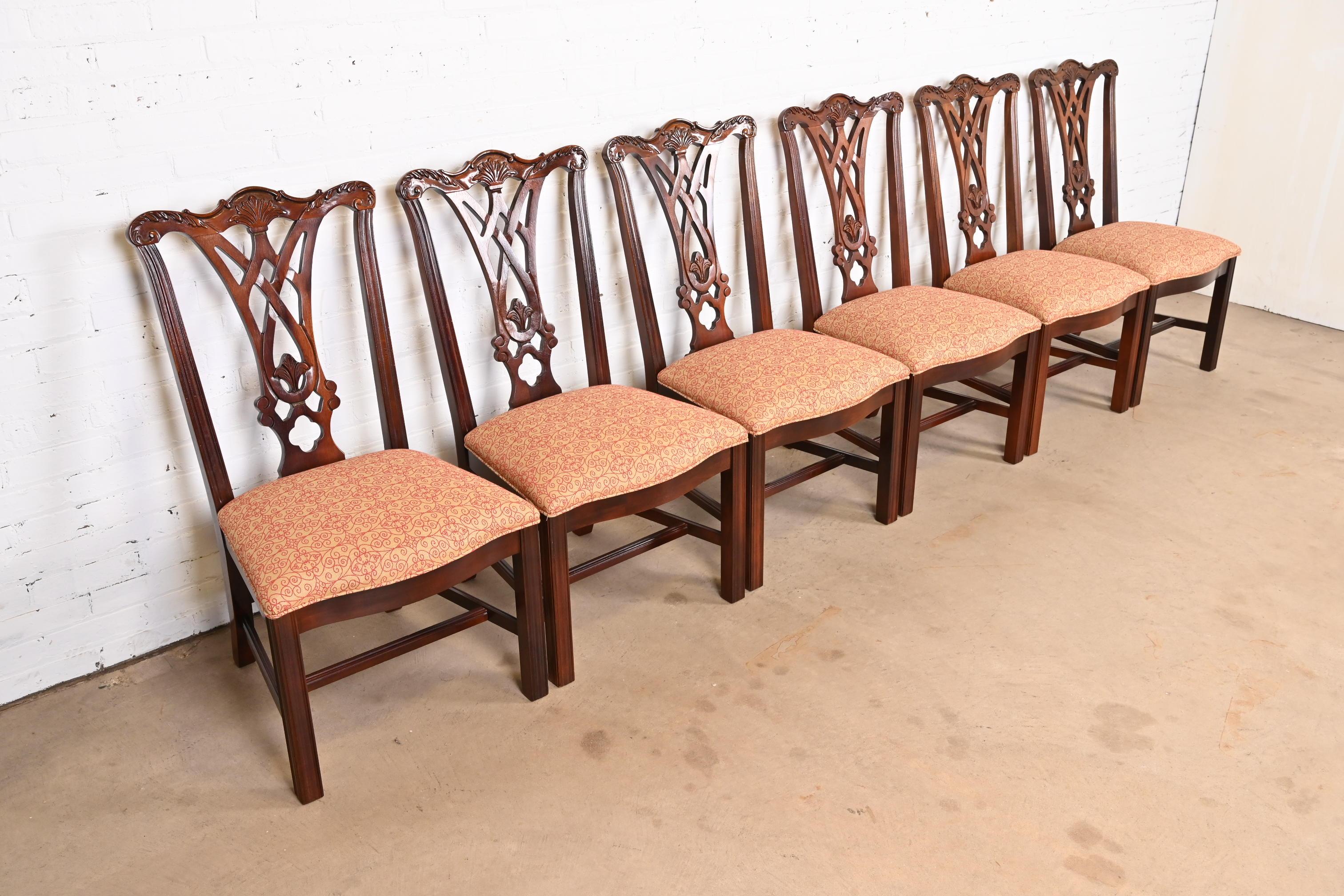 Late 20th Century Baker Furniture Style Chippendale Carved Mahogany Dining Chairs, Set of Six For Sale