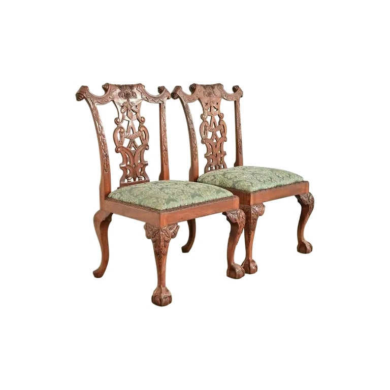 Baker Furniture Style Chippendale Carved Mahogany Side Chairs, Pair