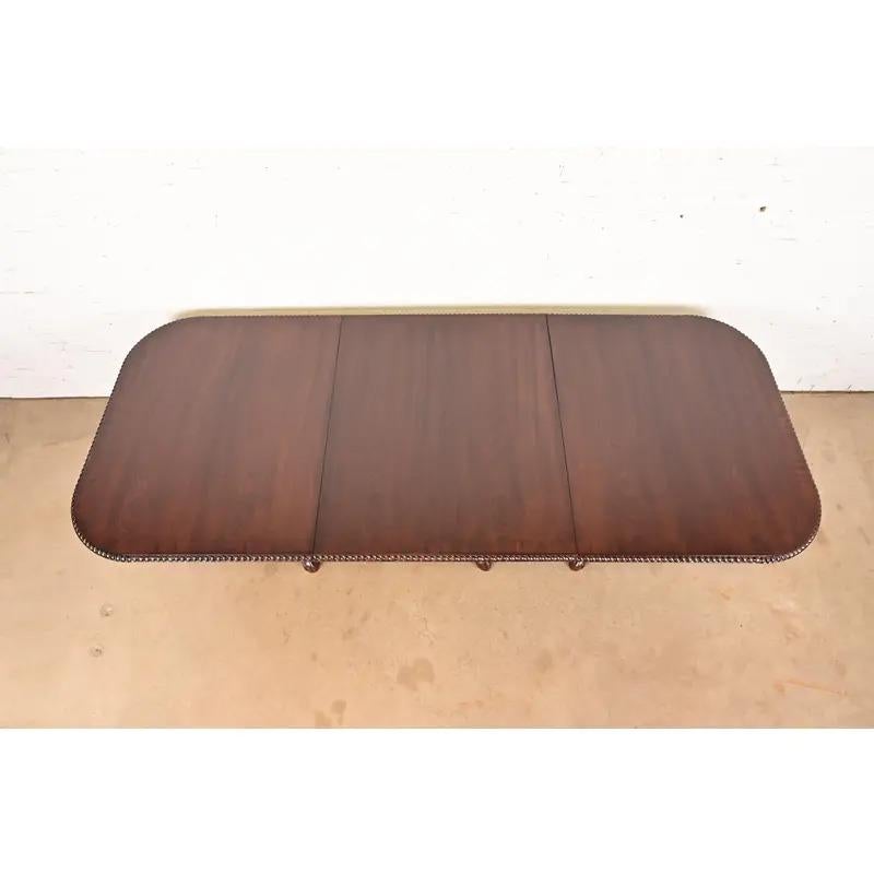 Late 20th Century Baker Furniture Style Chippendale Triple Pedestal Dining Table, Newly Refinished For Sale