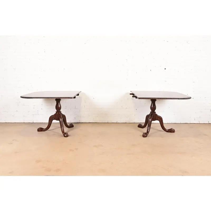 Mahogany Baker Furniture Style Chippendale Triple Pedestal Dining Table, Newly Refinished For Sale