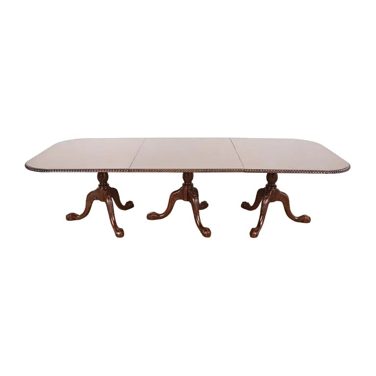 Baker Furniture Style Chippendale Triple Pedestal Dining Table, Newly Refinished