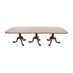 Baker Furniture Style Chippendale Triple Pedestal Dining Table, Newly Refinished