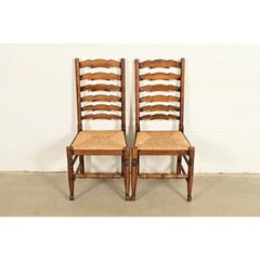 Baker Furniture Style English Country Oak Ladder Back Dining Chairs, Pair