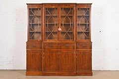 Baker Furniture Style English Georgian Yew Wood Breakfront Bookcase Cabinet