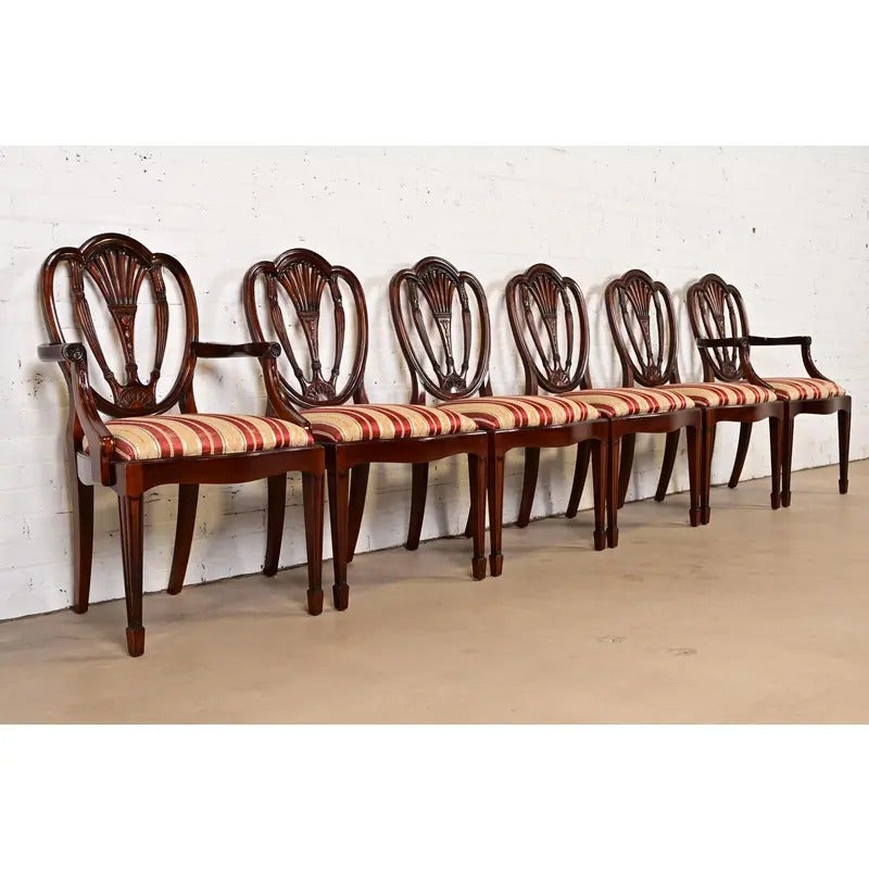 Baker Furniture Style Federal Carved Mahogany Dining Chairs, Set of Six