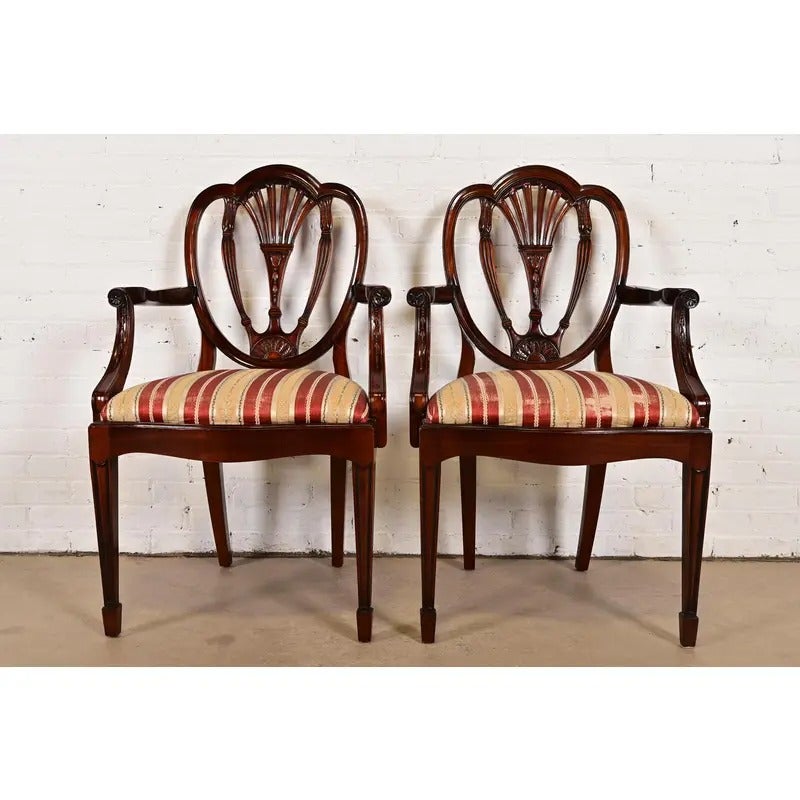Baker Furniture Style Federal Carved Mahogany Shield Back Armchairs, Pair