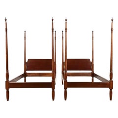 Baker Furniture Style Federal Carved Mahogany Twin Size Poster Beds, Pair