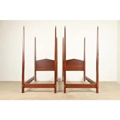 Baker Furniture Style Federal Carved Walnut Twin Size Poster Beds, Pair