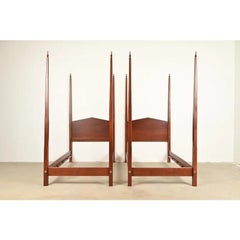 Baker Furniture Style Federal Carved Walnut Twin Size Poster Beds, Pair