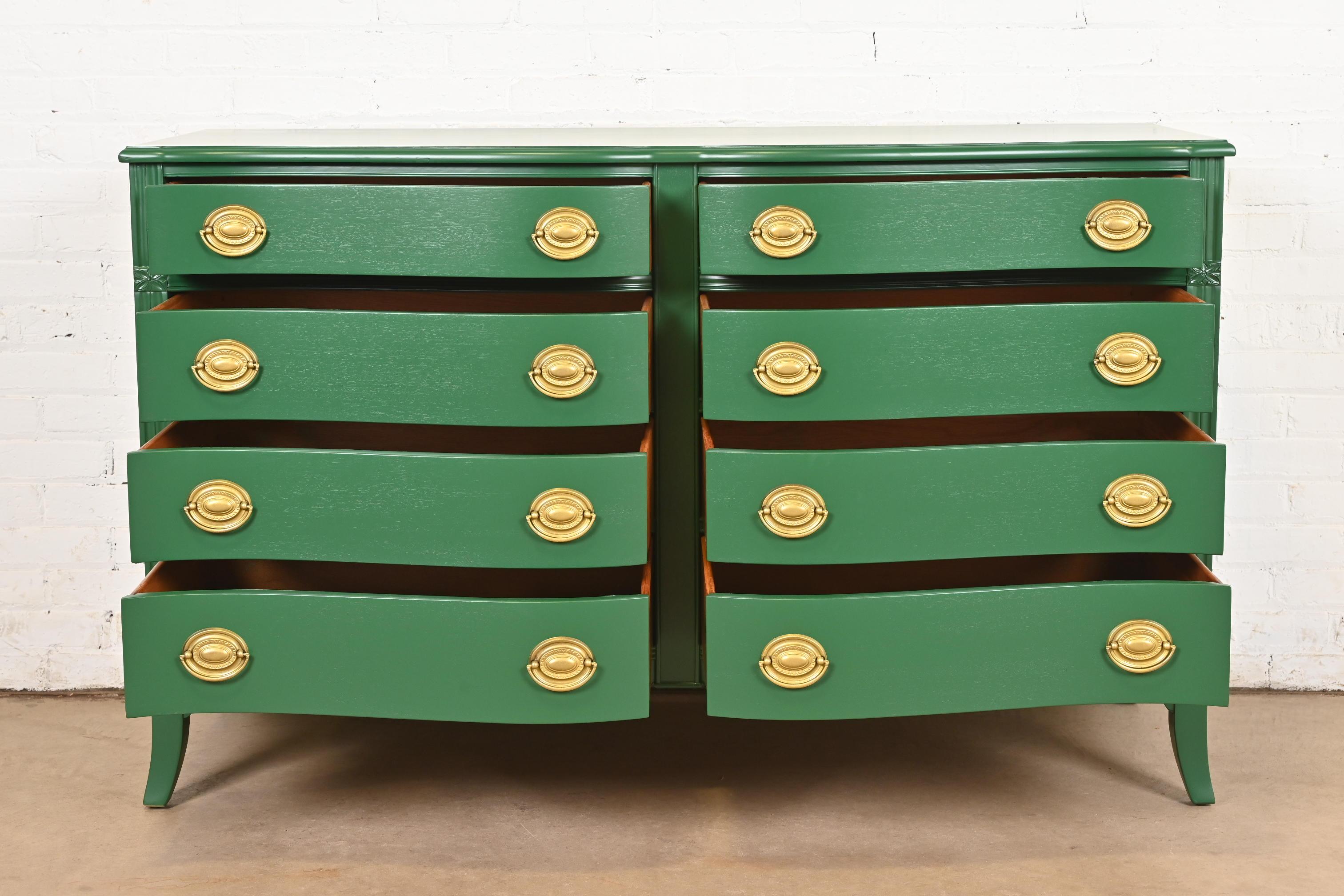 Brass Baker Furniture Style Federal Green Lacquered Eight-Drawer Dresser, Refinished For Sale