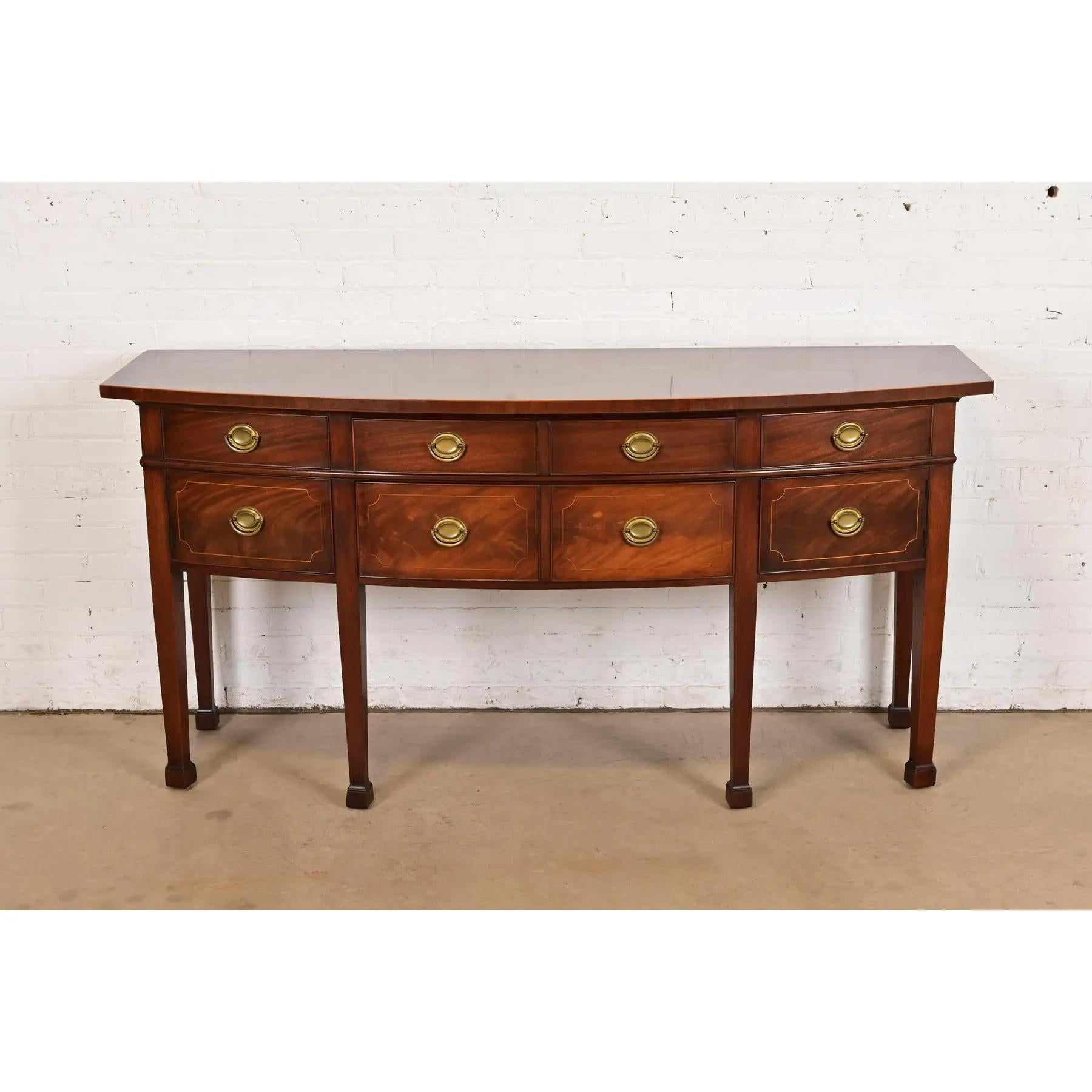 American Baker Furniture Style Federal Inlaid Flame Mahogany Bow Front Sideboard Credenza For Sale
