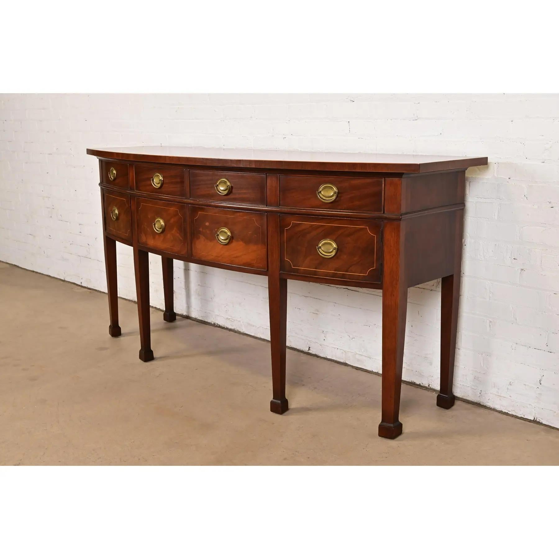 Baker Furniture Style Federal Inlaid Flame Mahogany Bow Front Sideboard Credenza In Good Condition For Sale In South Bend, IN