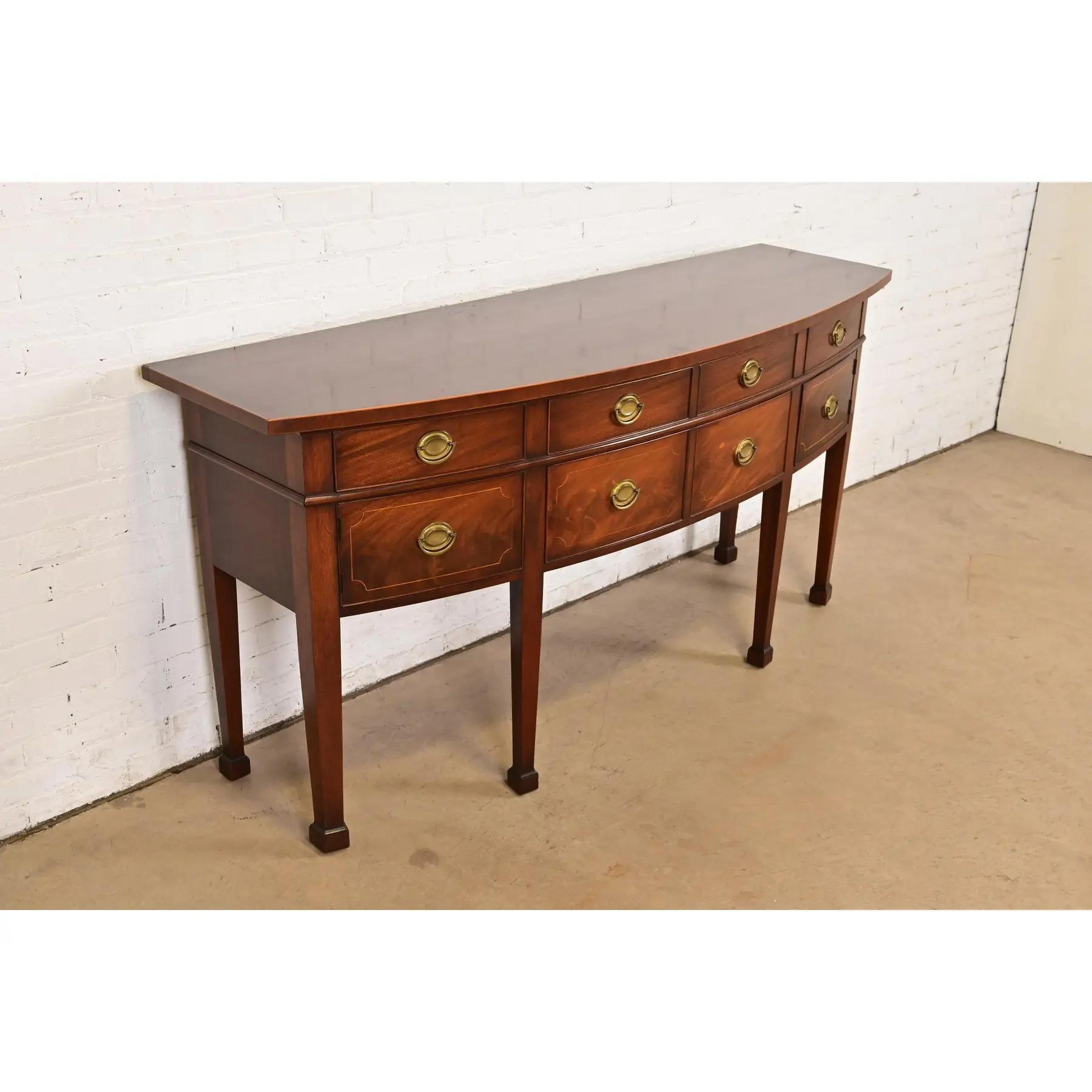 Early 20th Century Baker Furniture Style Federal Inlaid Flame Mahogany Bow Front Sideboard Credenza For Sale