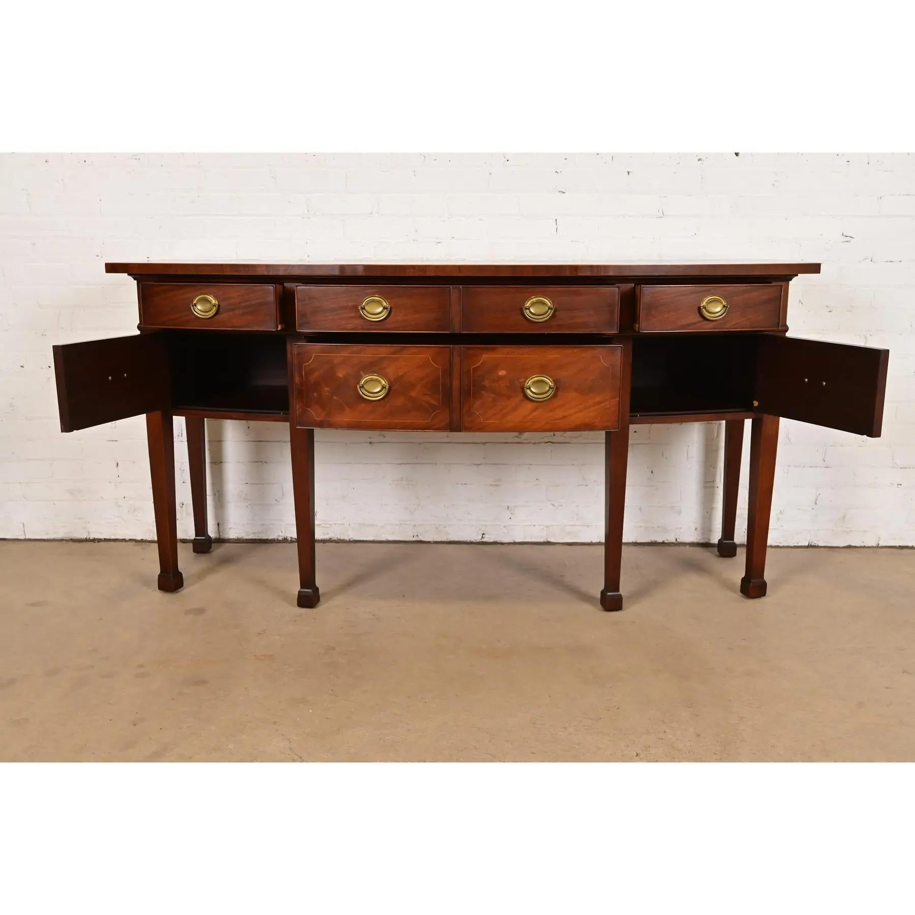 Brass Baker Furniture Style Federal Inlaid Flame Mahogany Bow Front Sideboard Credenza For Sale